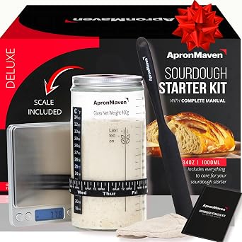 Complete Sourdough Starter Kit Glass Jar with Lid, Kitchen Scale and More | Useful Birthday Gifts for Women, Bakers, Mom, Wife Christmas Gift Idea | Make Homemade Artisan Bread | Care for Your Sourdough Starter