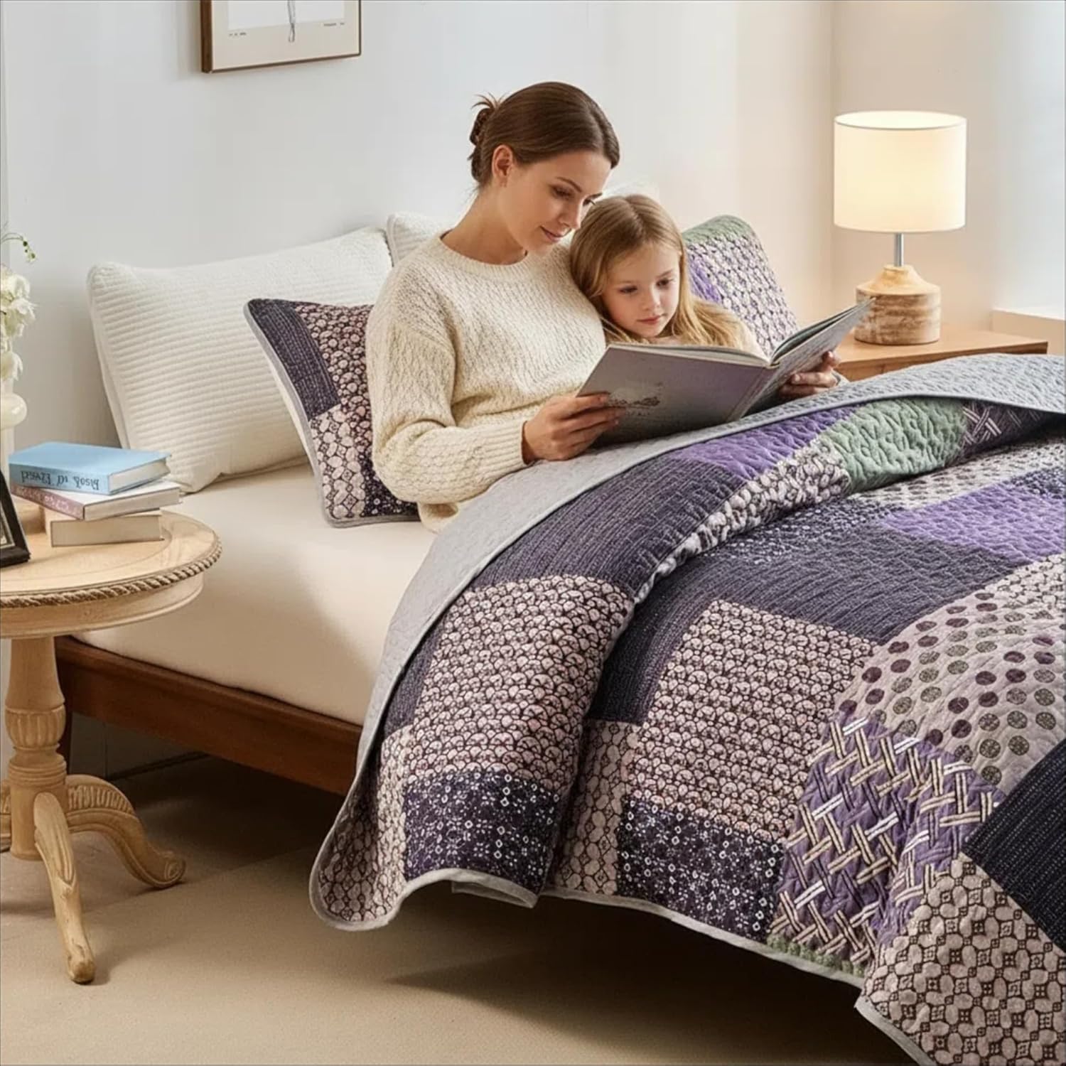 NIDITW 3-Piece Boho Geometric Patchwork Quilt Set King Size Stripe Polka Dot Purple Bedspread with 2 Pillow Shams Soft Lightweight Microfiber Bedding Set All Season Coverlet (Boho-Purple, King)