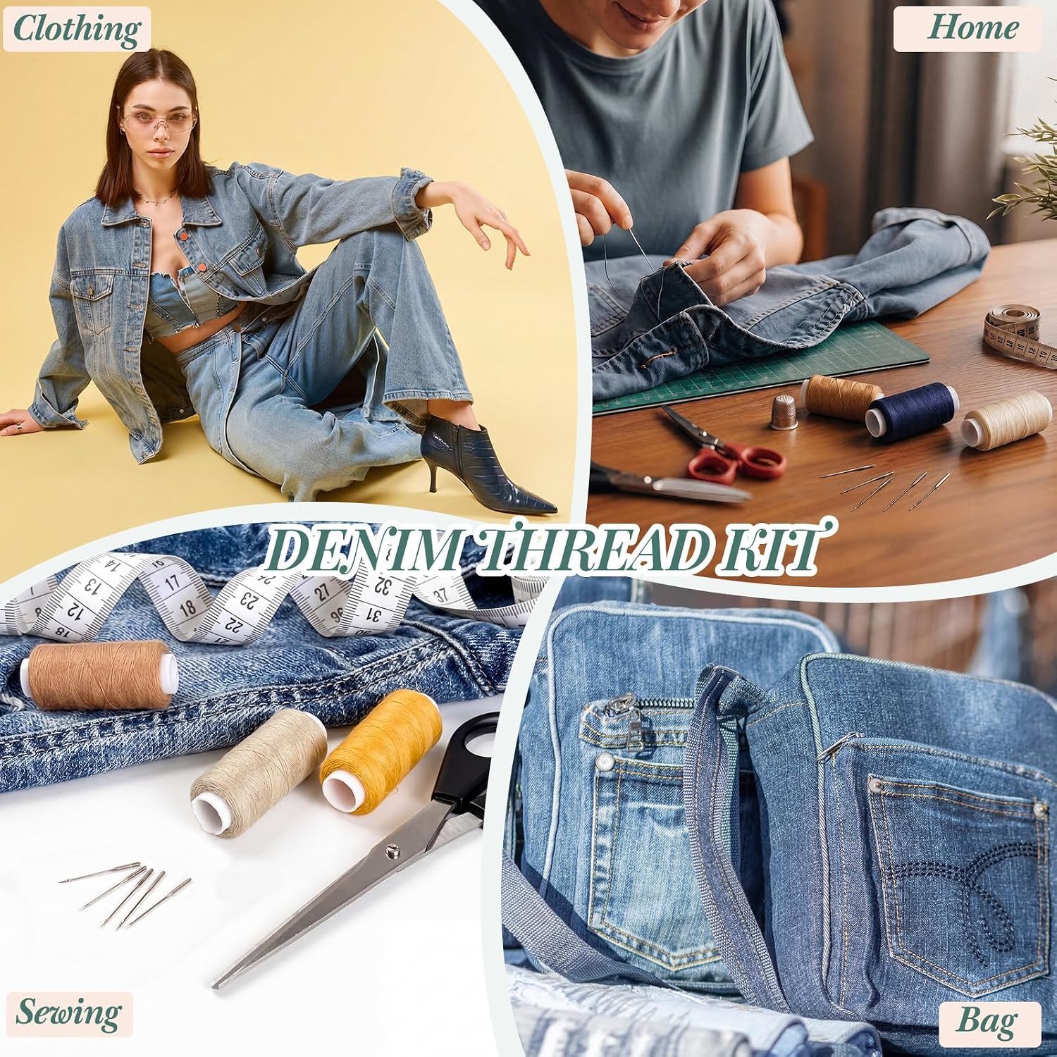 Jexine 18 Pcs Denim Thread Set 8 Pack 250 Yards/roll Denim Thread for Jeans with 10 Pcs Size 100/16 Sewing Machine Needles Set for Hemming Jeans Patching Senim Jackets Daily Sewing Repair Projects