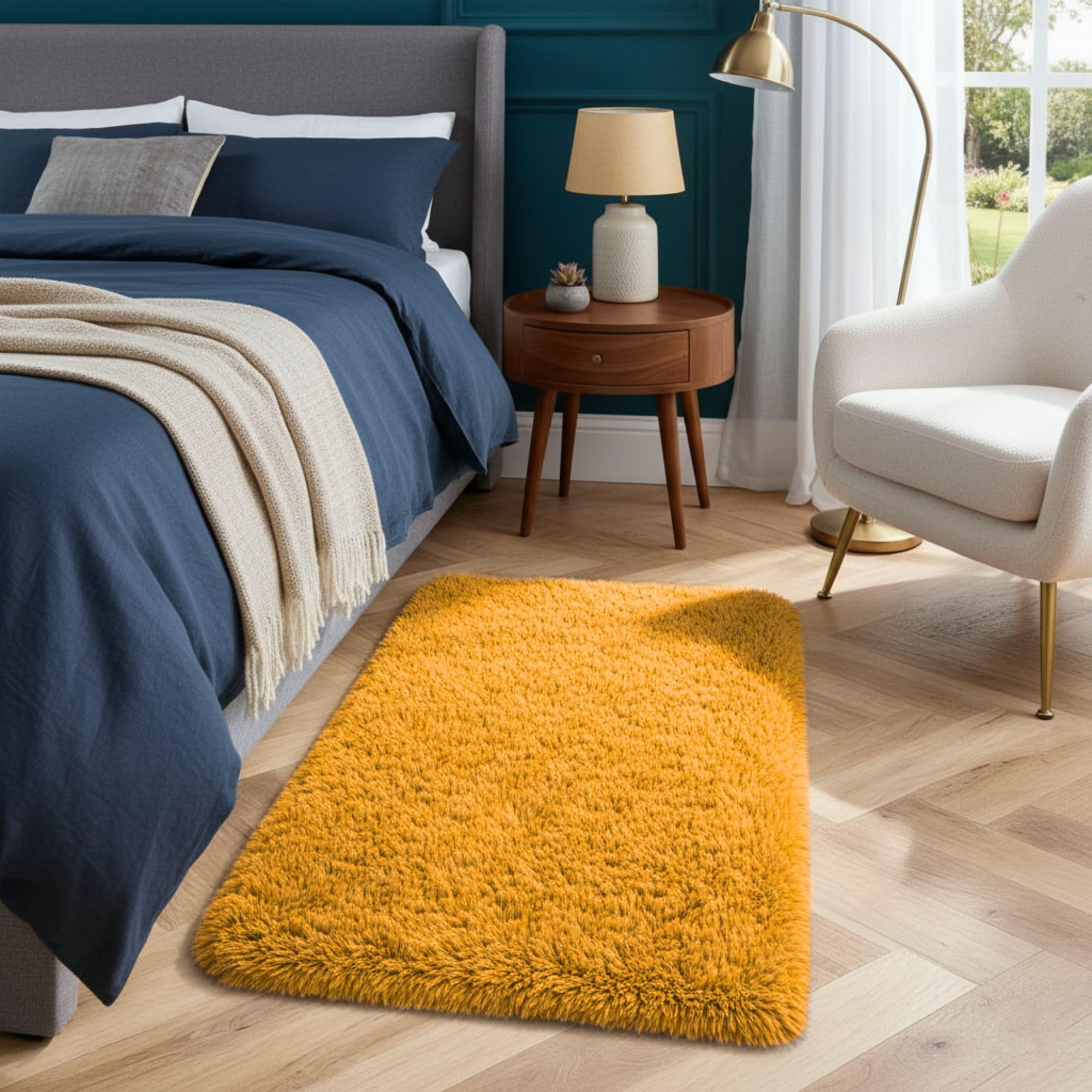 Hafaa Fluffy Shaggy Rugs Living Room Ochre 50x80 cm, Soft Thick Pile Carpet Bedroom, Non Slip Small Bedside Rug for Kids Nursery Room Non-Shedding — image 1