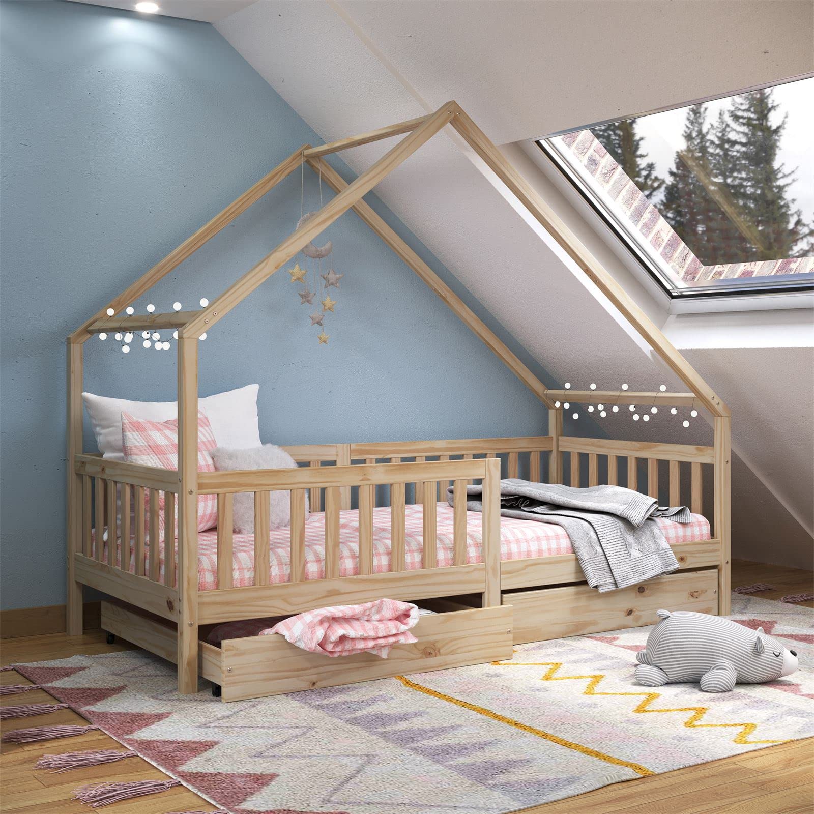 IDIMEX Hausbett ALVA aus Kiefer Massivholz, Natur - Kinderbett mit Dach, Tipibett mit Schubladen, Kinderzimmer Bett, Bodennahes Bett Montessori, ideal für Dachschrägen