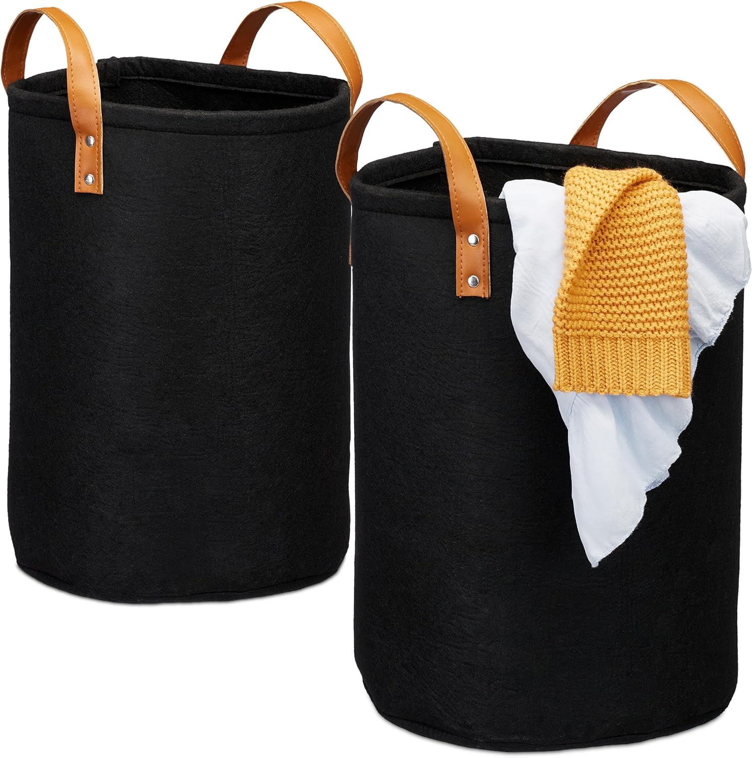 Relaxdays Laundry Basket, 28 Litres, Foldable, Felt, Faux Leather Handles, Laundry Hamper Bathroom & Bedroom, H x D: 47 x 30 cm, Black