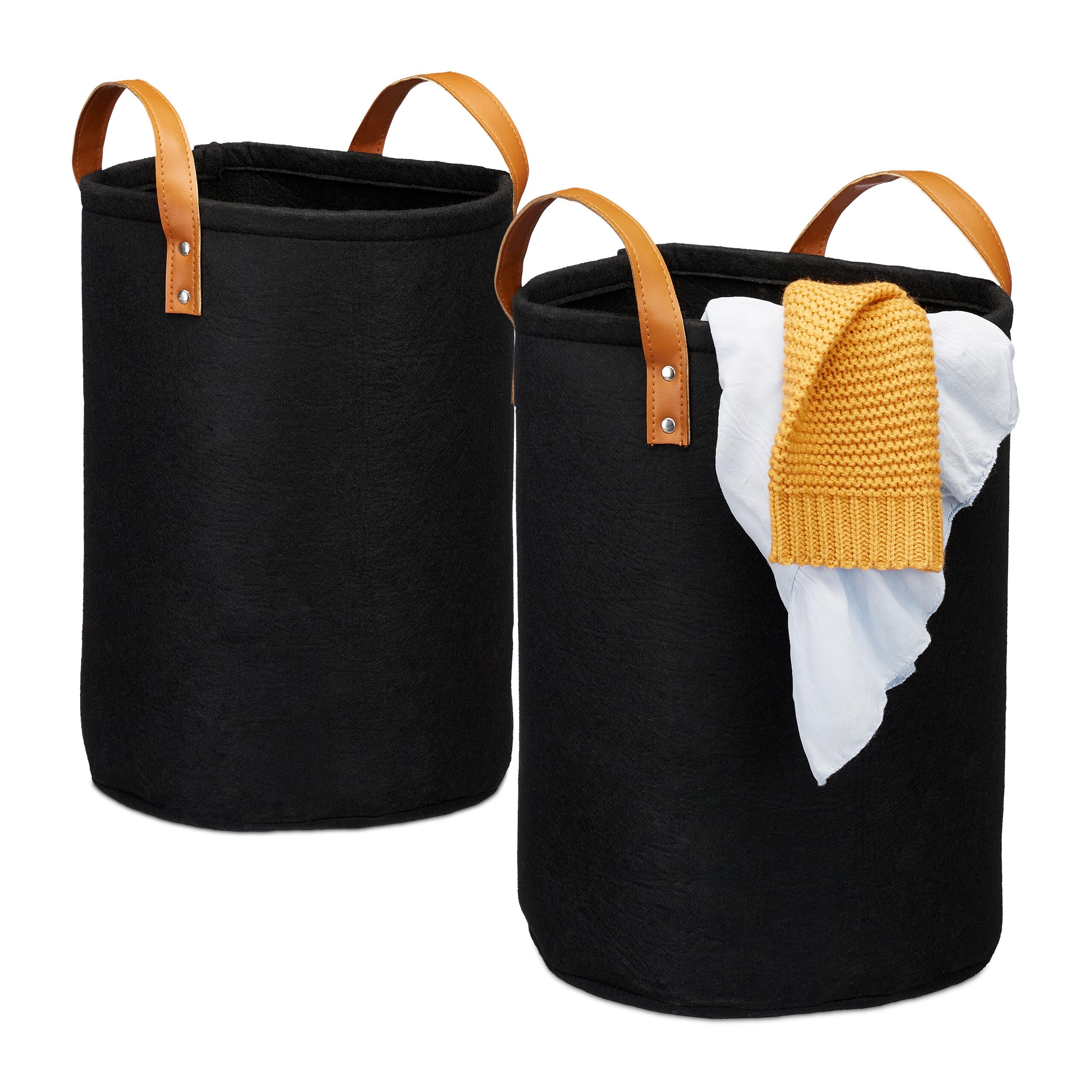 Relaxdays bin, 28 l, Foldable, Felt, PU Leather Handles, Laundry sorter for Bathroom & Bedroom, 47x30 cm, Black, 47 x 30 x 30 cm