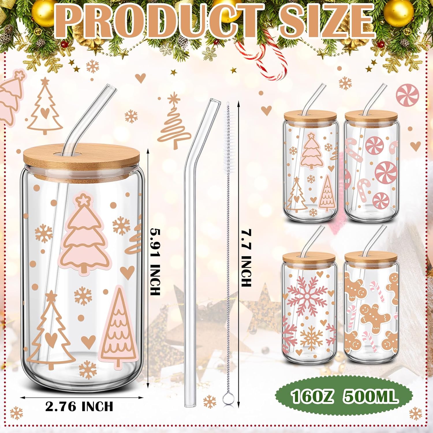 4 Pcs Christmas Glass Cups with Lids and Straws 16 oz Christmas Drinking Glasses Iced Coffee Cups Xmas Can Shape Mug Tumbler for Xmas Appreciation Gifts Birthday Party Favors(Pink)