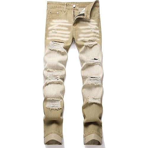 Men's Ripped Distressed Destroyed Straight Fit Washed Denim Jeans Pants