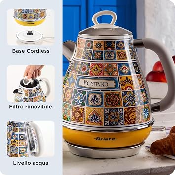 غلاية كهربائية Ariete Positano سعة 1.7 لتر 2869/0P - هيكل من الفولاذ المقاوم للصدأ، ديكور يدوي، 2000 واط، إيقاف تشغيل تلقائي، قاعدة لاسلكية 360°