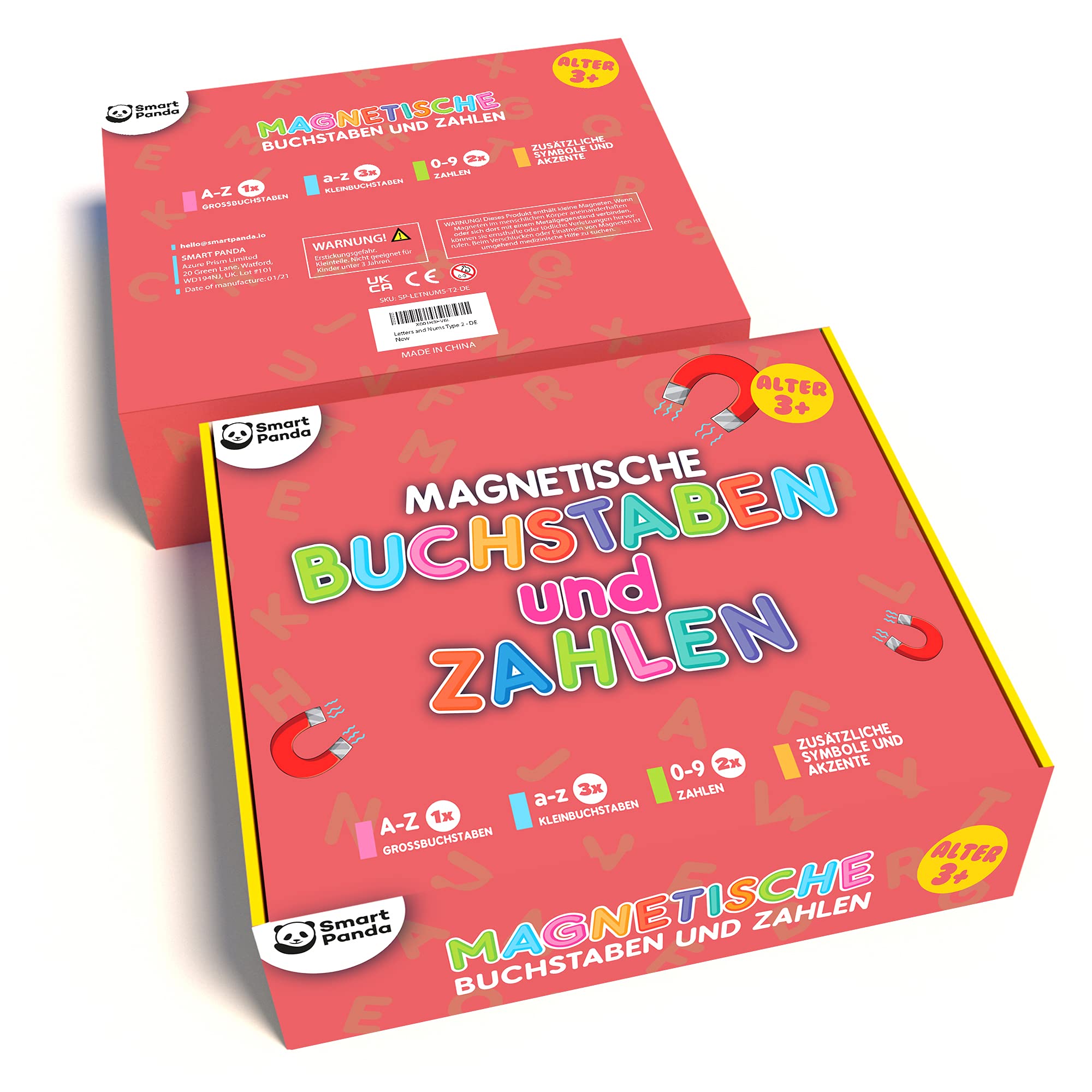 Smart Panda Magnetyczne litery i cyfry dla dzieci – [1 x A-Z, 3 x a-z, 2 x 0-9 i symbole niemieckie] zestaw alfabetów magnesy na lodówkę dla dzieci – gry ABC do nauki literowania i czytania