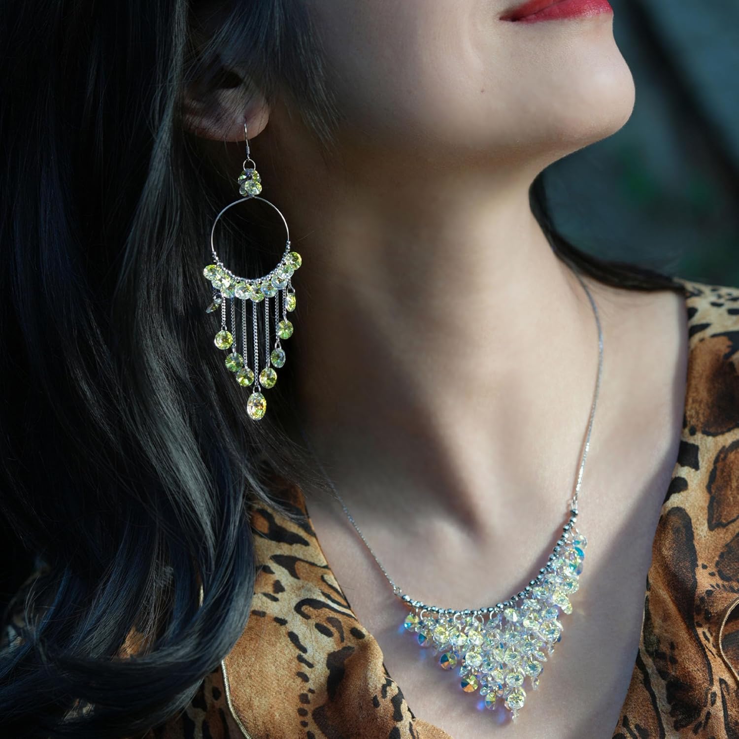 925 Sterling Silver Boho Crystal Chandelier Hoop Earrings, Austrian Crystal Tassel Dangle Earrings, Handmade Sparkly Statement Design, 1.17" Hoop