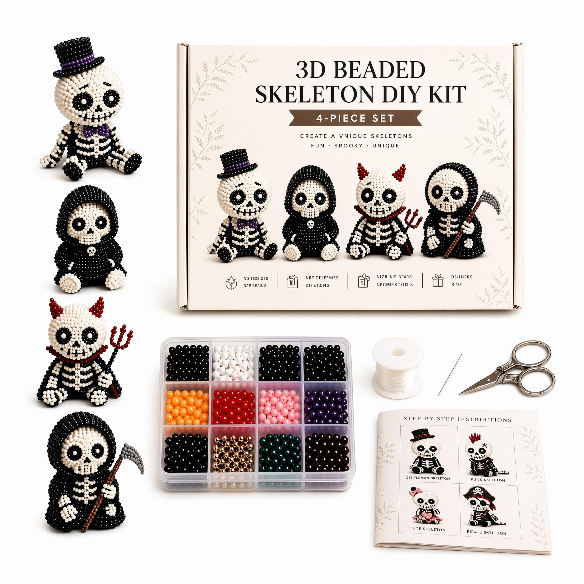FILOEEX 3D Beaded Skeleton DIY Kit, Cute 4-Pack Skull Beading Set with Instructions, Creative Halloween Skull Skeleton Bead Art Craft Kit, Tiny 3D Beaded World DIY Collection for Adults (01)
