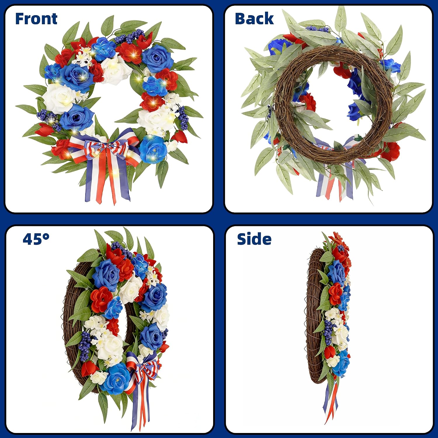 4th of July Wreath with Lights for Front Door,Rose Patriotic Wreath with American Flag Bow, Artificial Floral Wreath for Independence Day Memorial Day Window Wall Farmhouse Decor (20 in Rose)