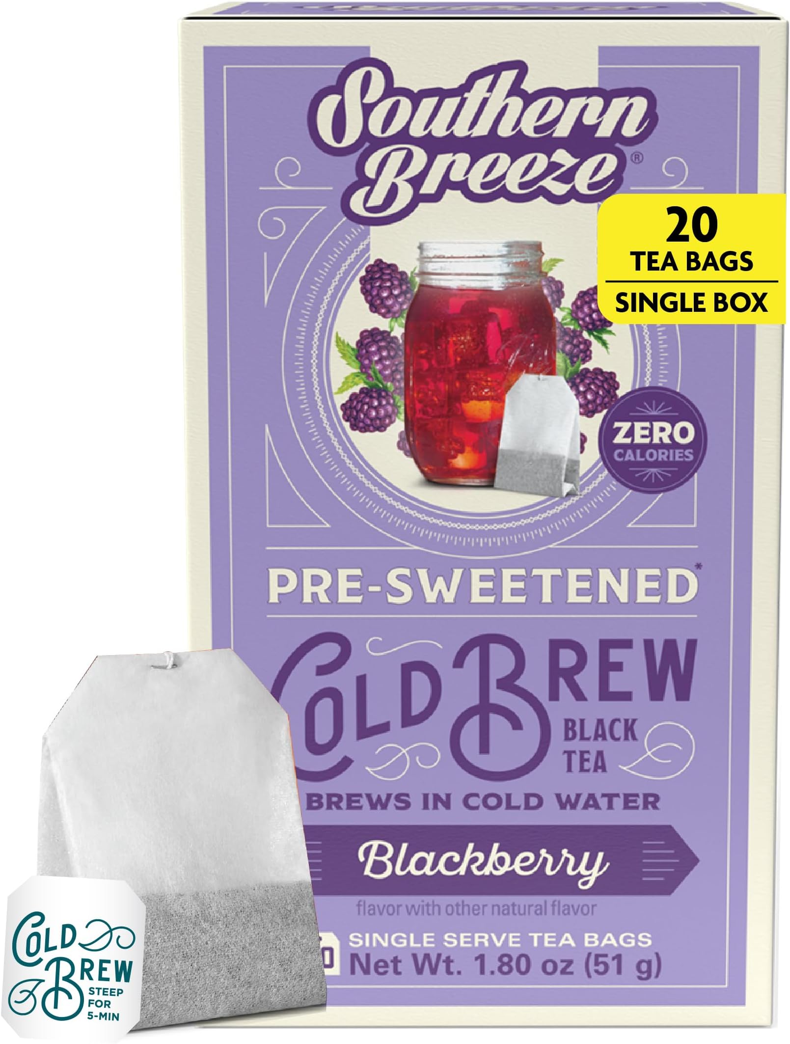 Southern Breeze Blueberry Iced Tea with Black Tea and Zero Carbs Zero Sugar, 20 Individually Wrapped Tea Bags