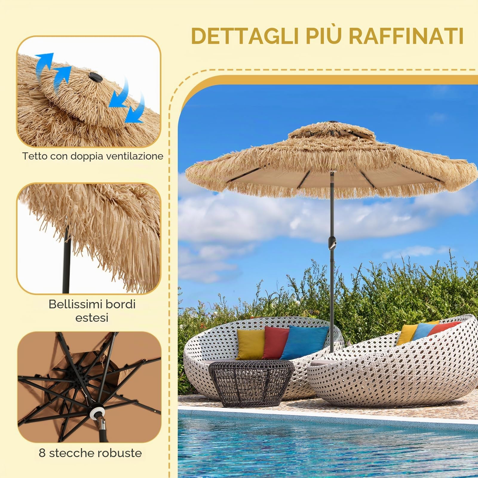 KOMFOTTEU Ombrellone da Spiaggia Ø270 cm Inclinabile in Paglia PE | Parasole Rafia con 8 Aste per Giardino Balcone senza Base, Naturale