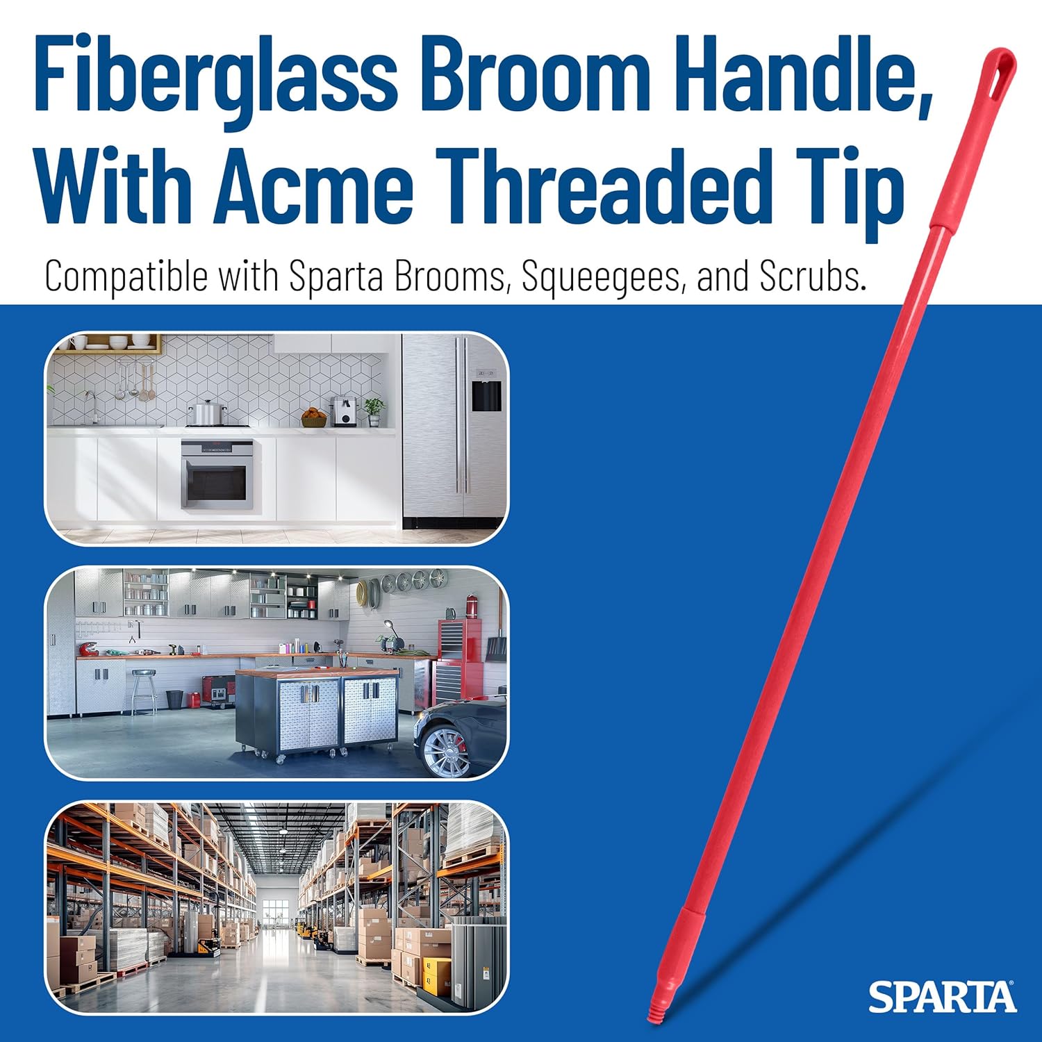 SPARTA 41225EC05 Fiberglass Broom Handle, Mop Handle, Replacement Handle With Acme Threaded Tip For Commercial Cleaning, 48 Inches, Red, (Pack of 12)