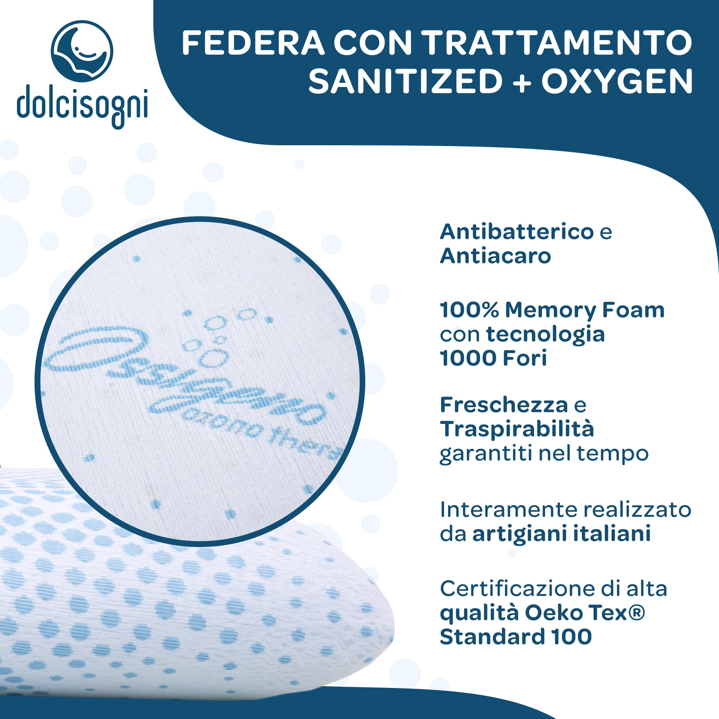 DOLCI SOGNI Cuscino Memory Foam 72x42x12 cm - Guanciale Memory Foam con Federa Lavabile Sanificata con Ossigeno Cerficata OEKO-TEX - 100% Made in Italy