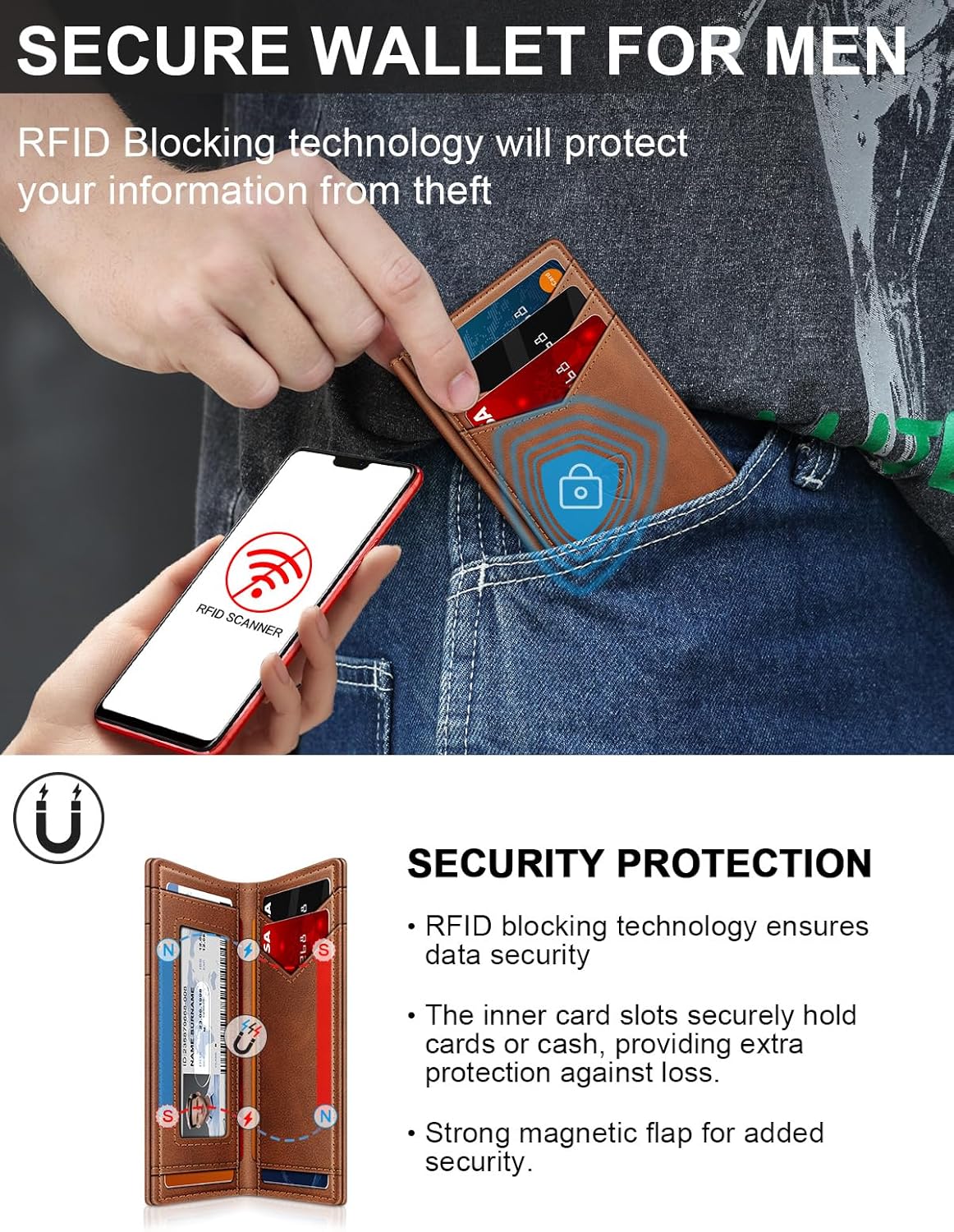 Wallet for Men Slim Leather Wallets for 12-15 Cards, Minimalist Thin RFID Blocking Card Holder with Money Clip & ID Window, Small Bifold Front Pocket Wallet, Gifts for Men - Image 5