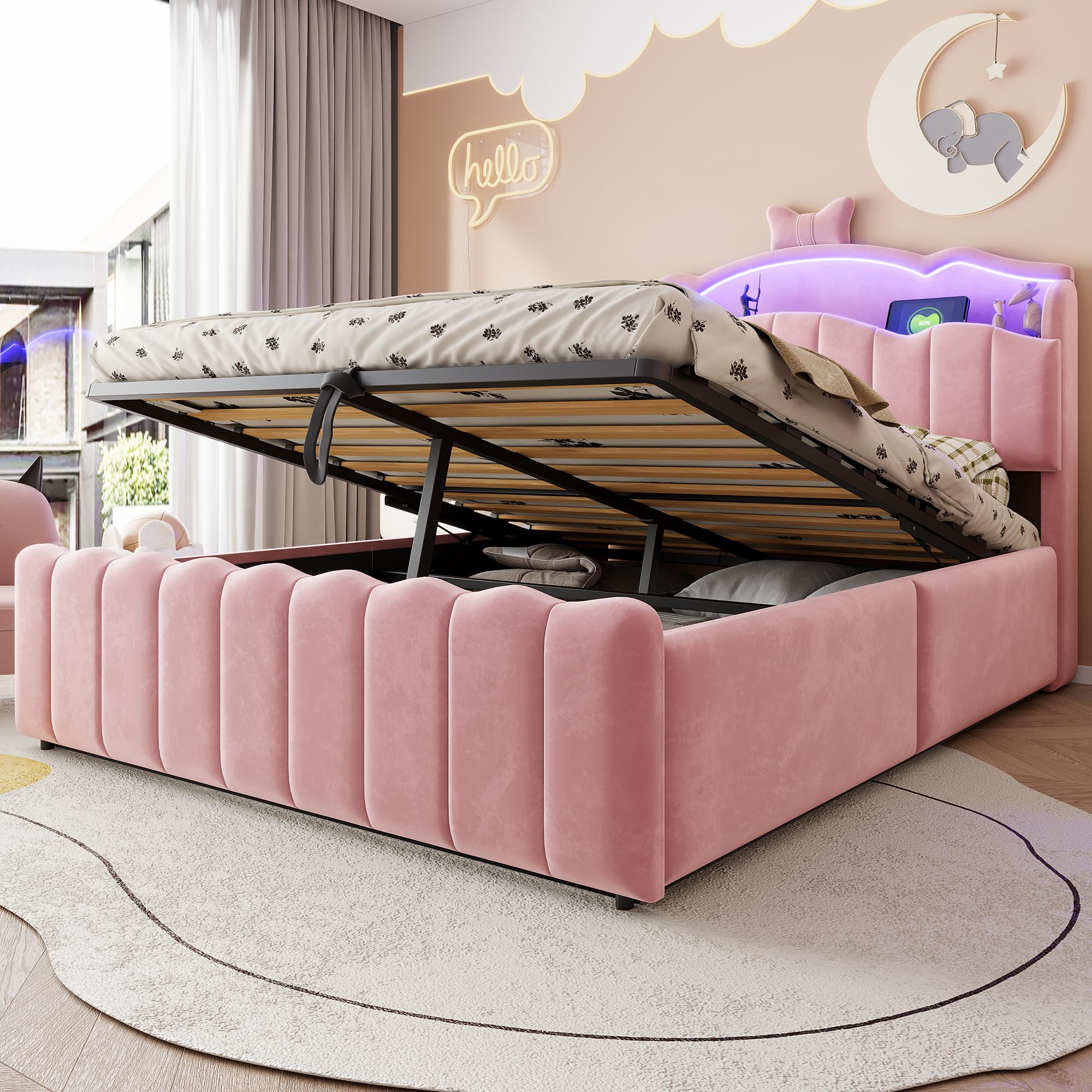 Cama Canapé 140x200 Cama Tapizada con Almacenamiento Integrado Double Bed con Elevación Hidráulica con Compartimento Abatible con Cabecero y Compartimento Abatible Estudio