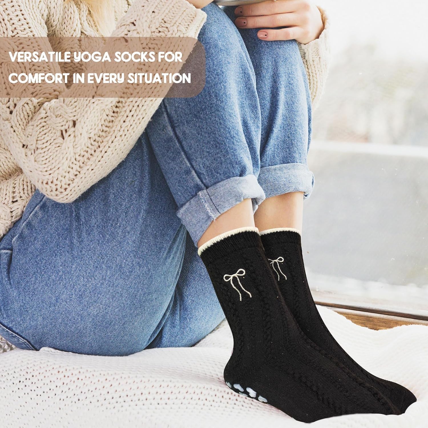 3Pairs Cute Pilates Grip Socks for Women Ruffle Bow Embroidery Warm Non Slip Grip Socks for Yoga, Barre,Barefoot