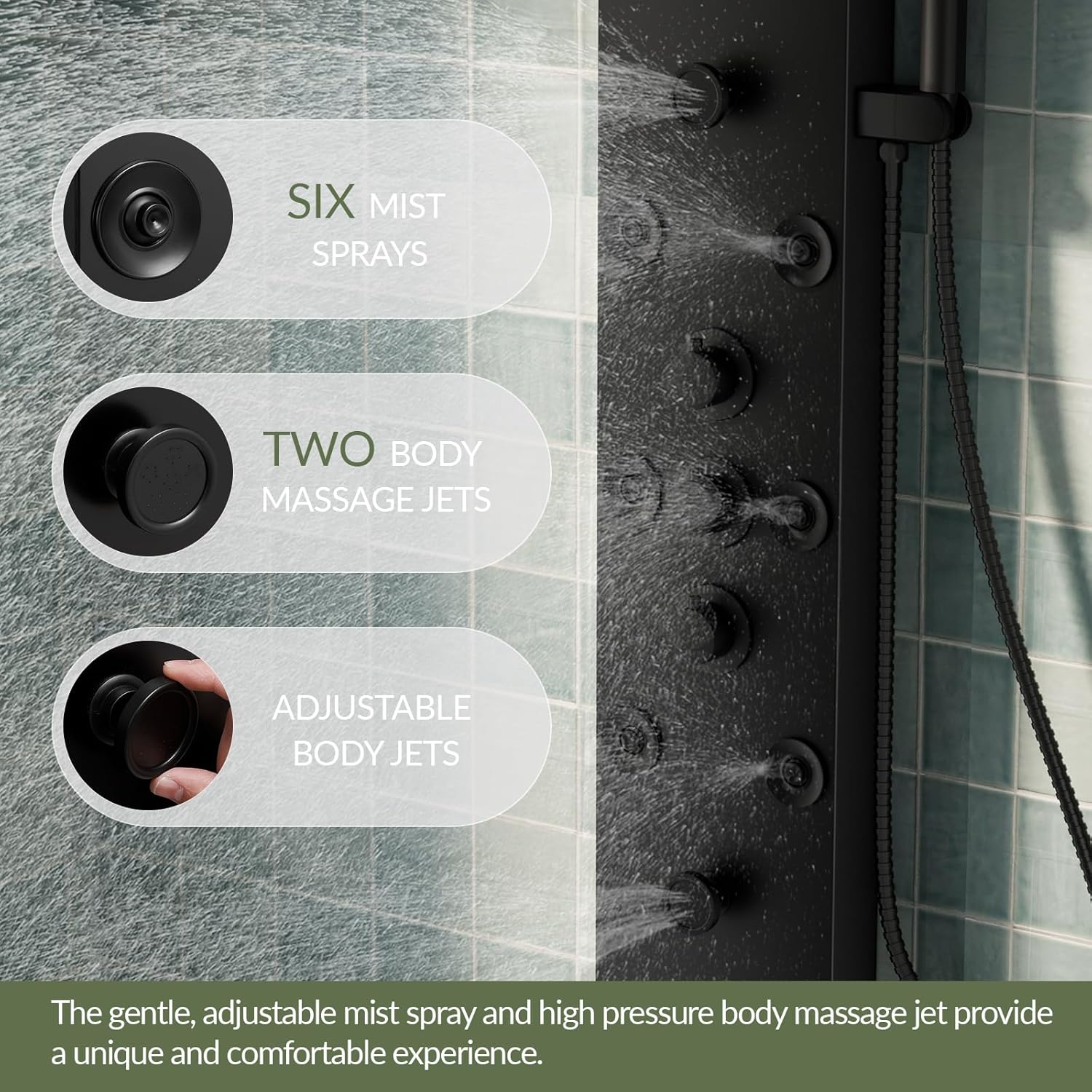 Black Shower Panel Tower System Stainless Steel LED Rainfall Waterfall Shower Head 5-Function Faucet Rain Massage System Wall Mount with 8 Body Jets, Handheld, and Tub Spout