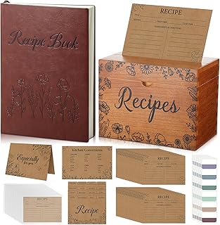 Maxdot 280 Pcs Recipe Cards and Book Set Vintage Wooden Recipe Box Rustic Kraft Cards and Dividers with Protectors Kitchen Gift for Cooking Lover Housewarming Bridal Showers, Weddings, Christmas Gifts