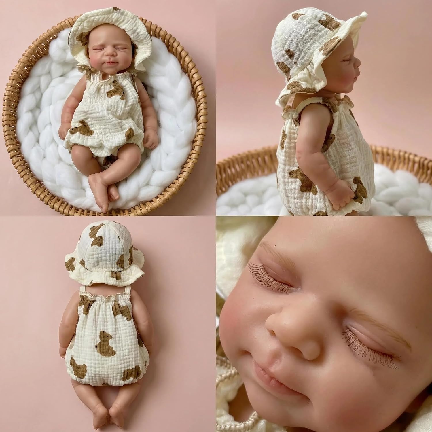 12 Inch Soft Solid Silicone Baby Doll, Realistic Reborn Girl with Closed Eyes, Full Body Washable Lifelike Preemie Toy in Bear Muslin Romper & Sun Hat for Pacifier Feeding Pretend Play image 2