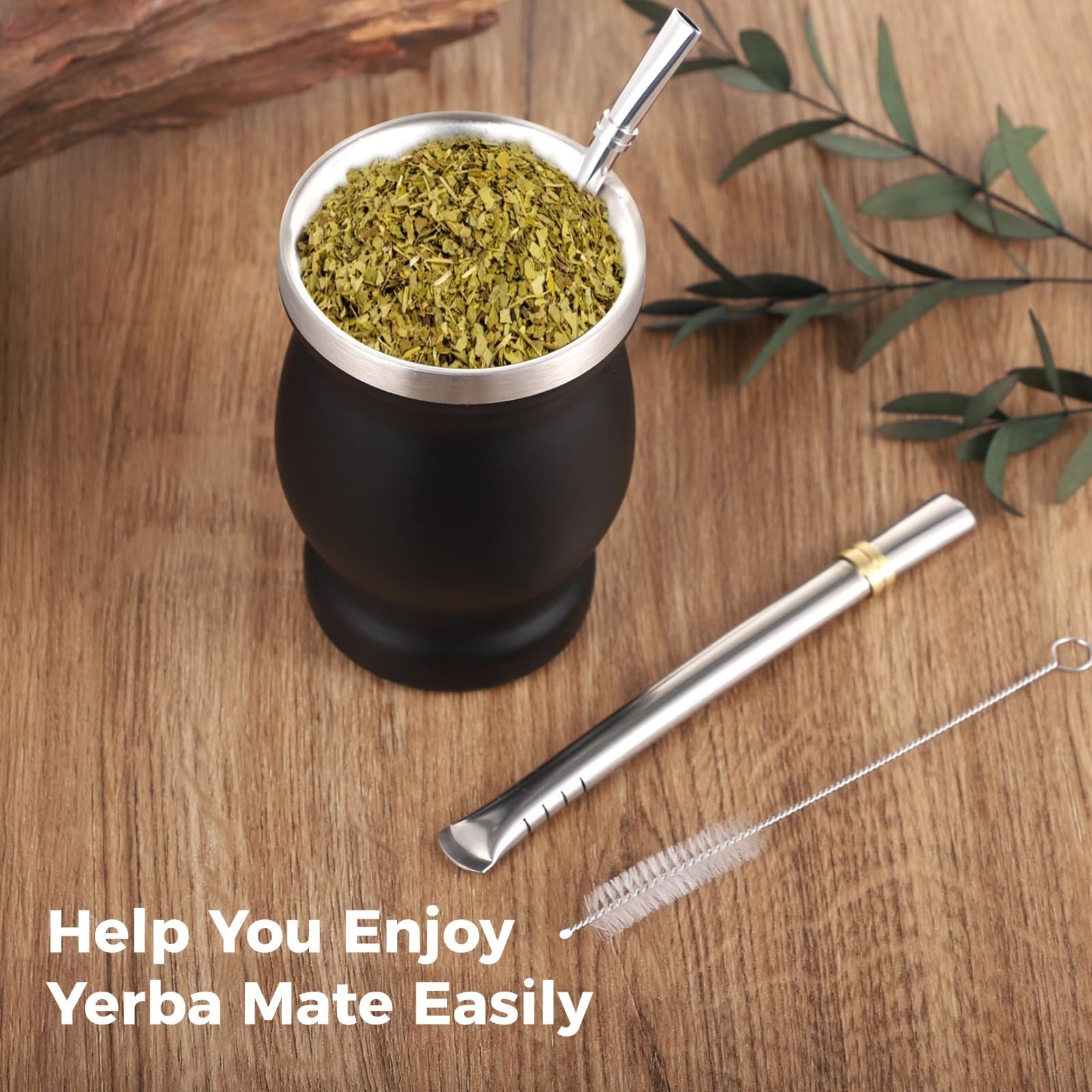 Yerba Mate zestaw 2 filiżanek ze stali nierdzewnej, 230 ml, podwójne ścianki, z łyżką, słomką i szczotką, łatwe w utrzymaniu i czyszczeniu