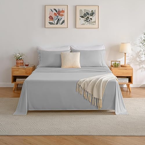 Miniatura 3 de Juego de sábanas de tamaño matrimonial, color gris claro, sábanas bajeras y fundas de almohada, 4 piezas de microfibra de enfriamiento suave para