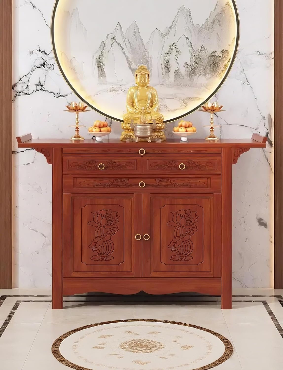 Altar Cabinet with Storage, Bamboo Altar Table with 2 Doors & 4 Drawers for Home, Pooja Cabinet for Incense & Offerings, Buddhist Altar for Living Room, Bedroom, Office (50.4×19.2×42.5in)