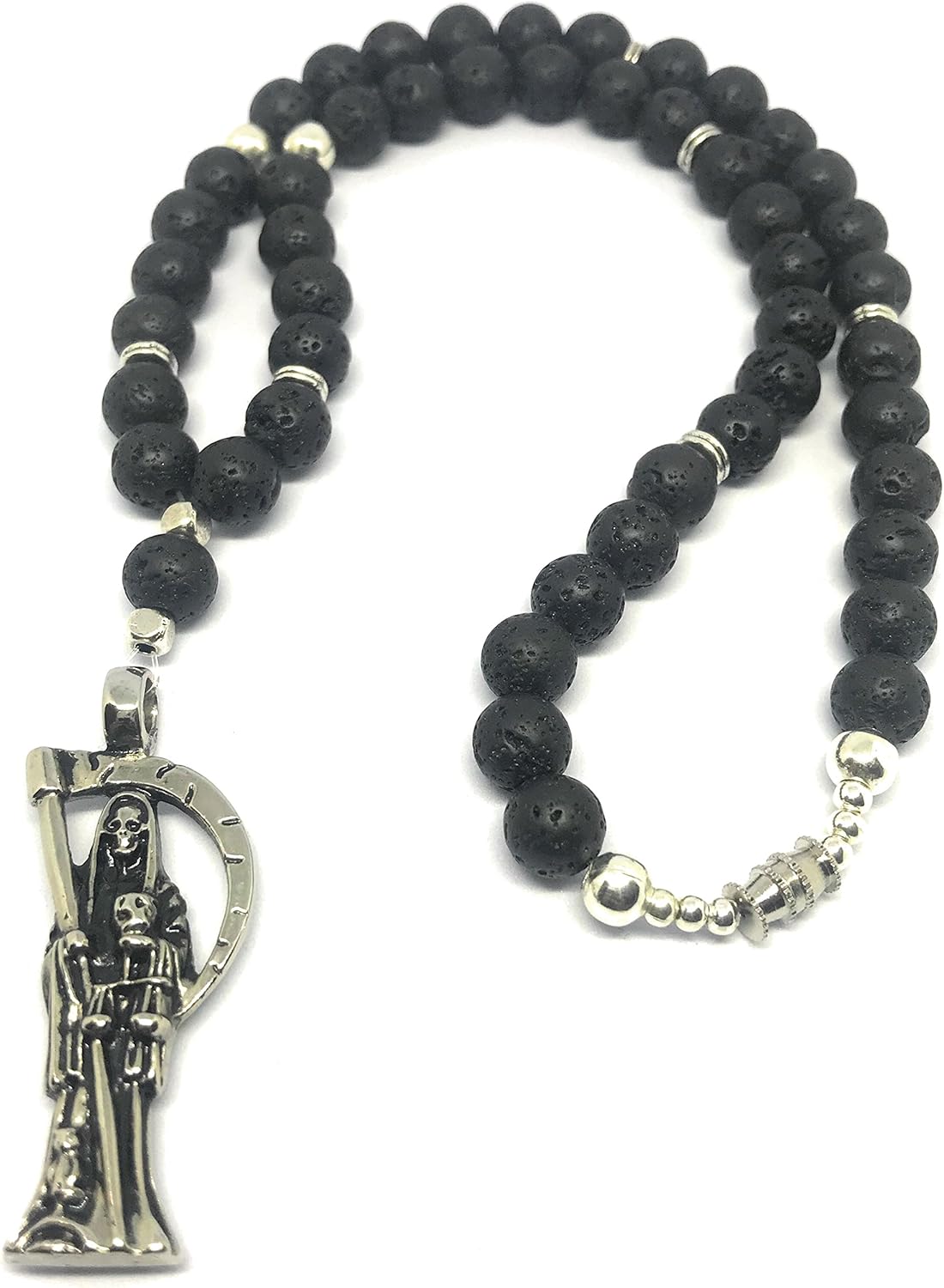 Holy death’s black lava rocks short lenght necklace. Collar corto de la Santa muerte con piedras de lava.