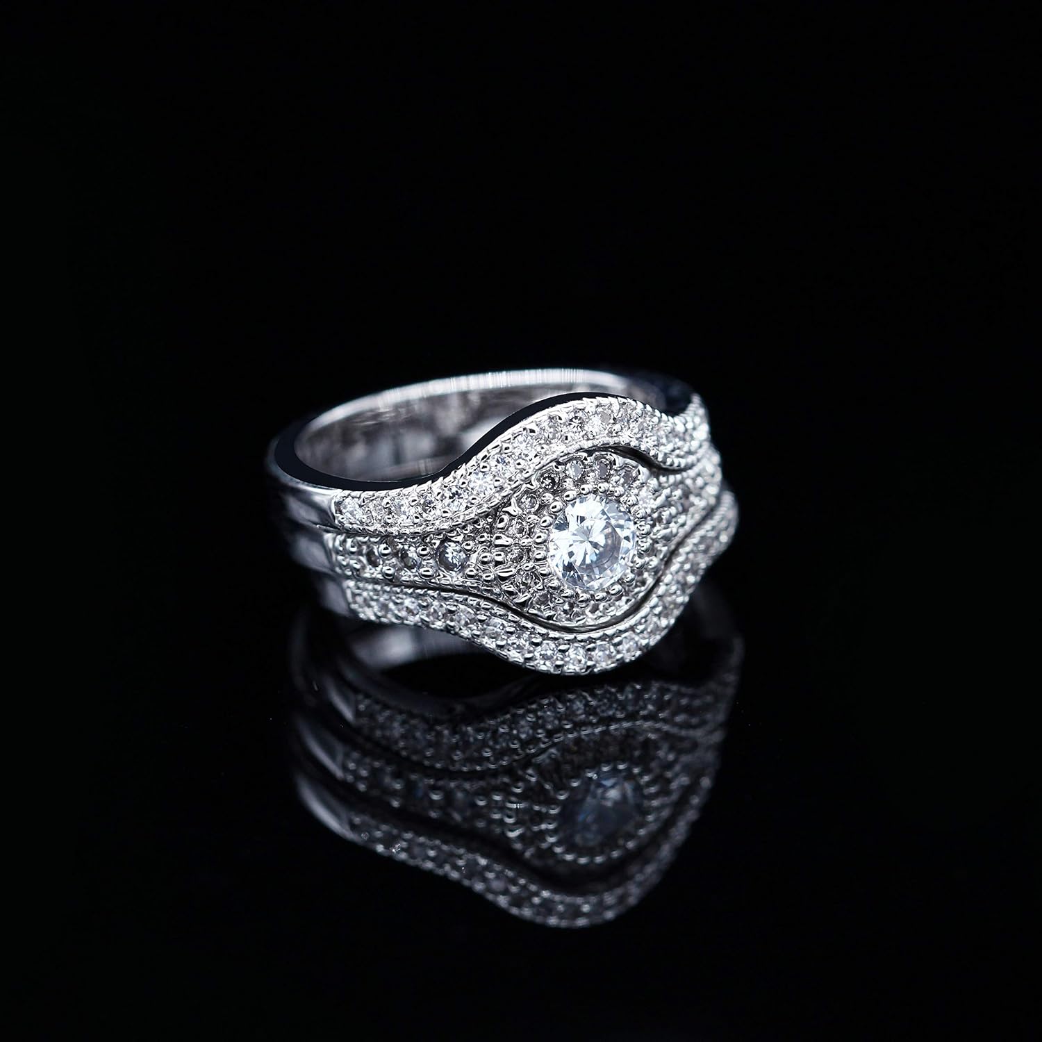 Uloveido Women's 3 Pcs White Gold Plated Round CZ Halo Wedding Stack Rings Set RA0346