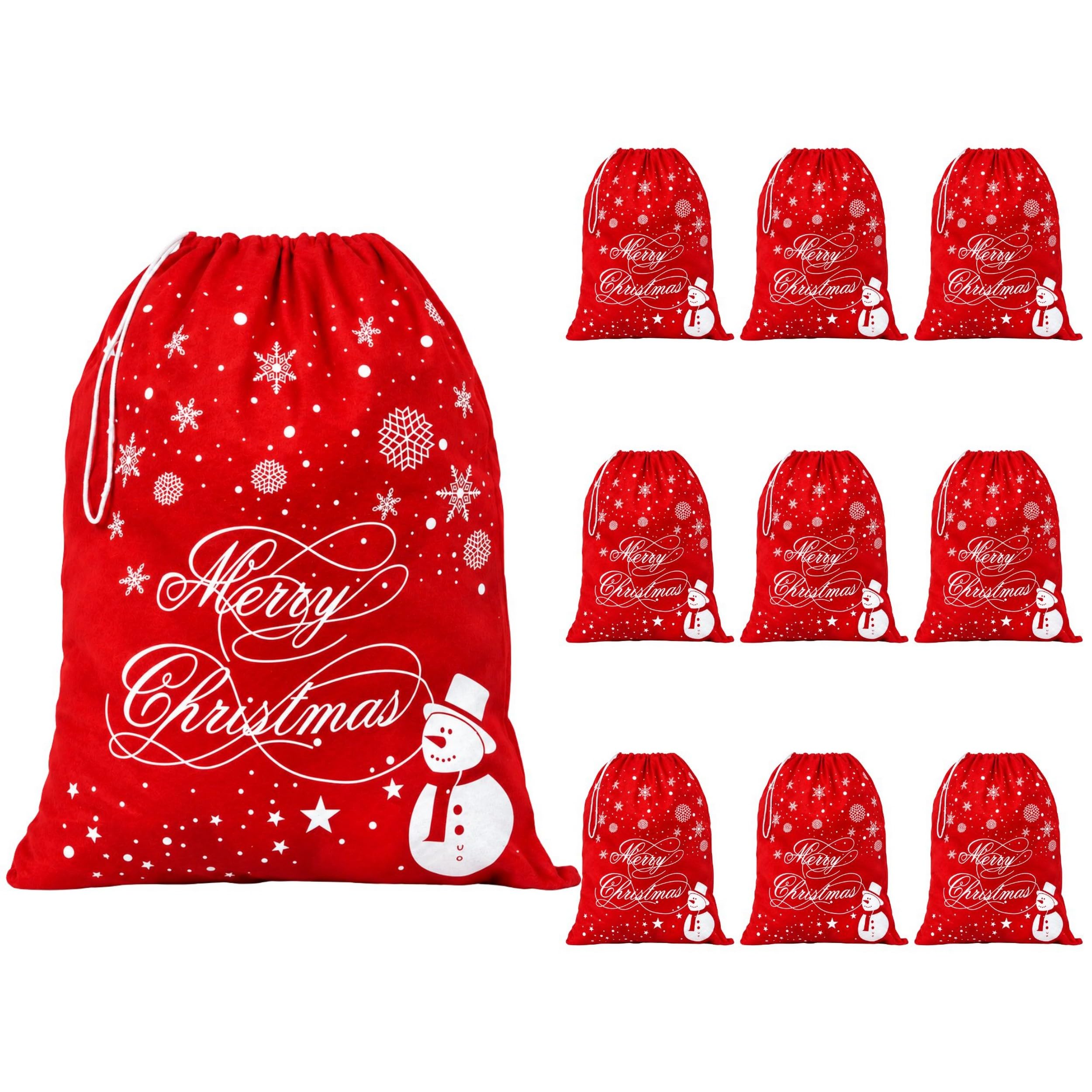 10Pcs Santa Sack Red Felt Christmas Gift Bags Snowman Drawstring, 60x50cm | Red Felt with Snowman and Snowflake Print, Merry Christmas Lettering, Drawstring Top for Xmas Presents and Gift Wrapping