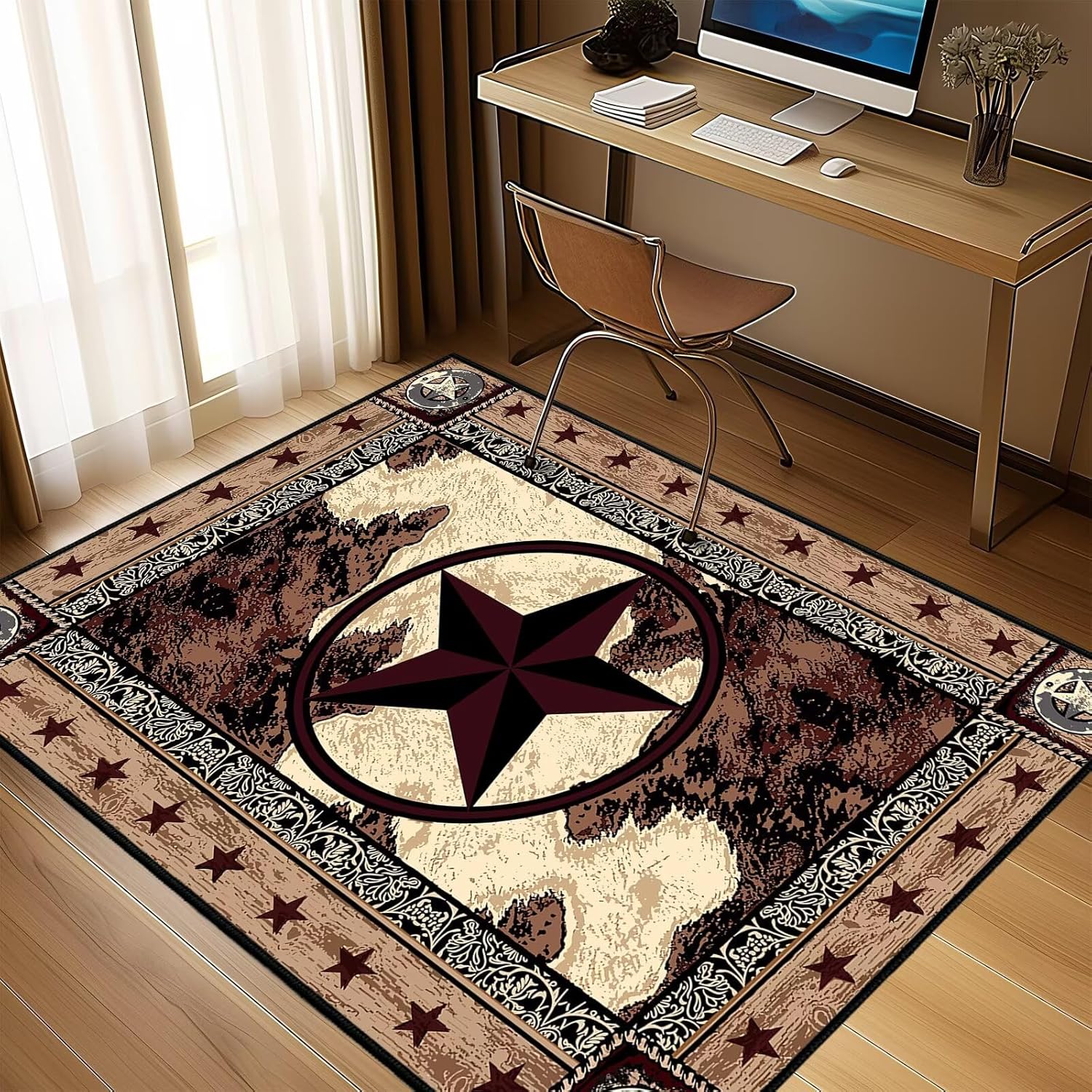 Western Area Rug 4x6 Washable Bedroom Rug Vintage Rugs,Texas Star,Rustic Entryway Throw Rugs Brown Non Slip Western Area Carpet Indoor Soft Floor Carpets Mat for Living Room,Dining Room,Laundry,Office