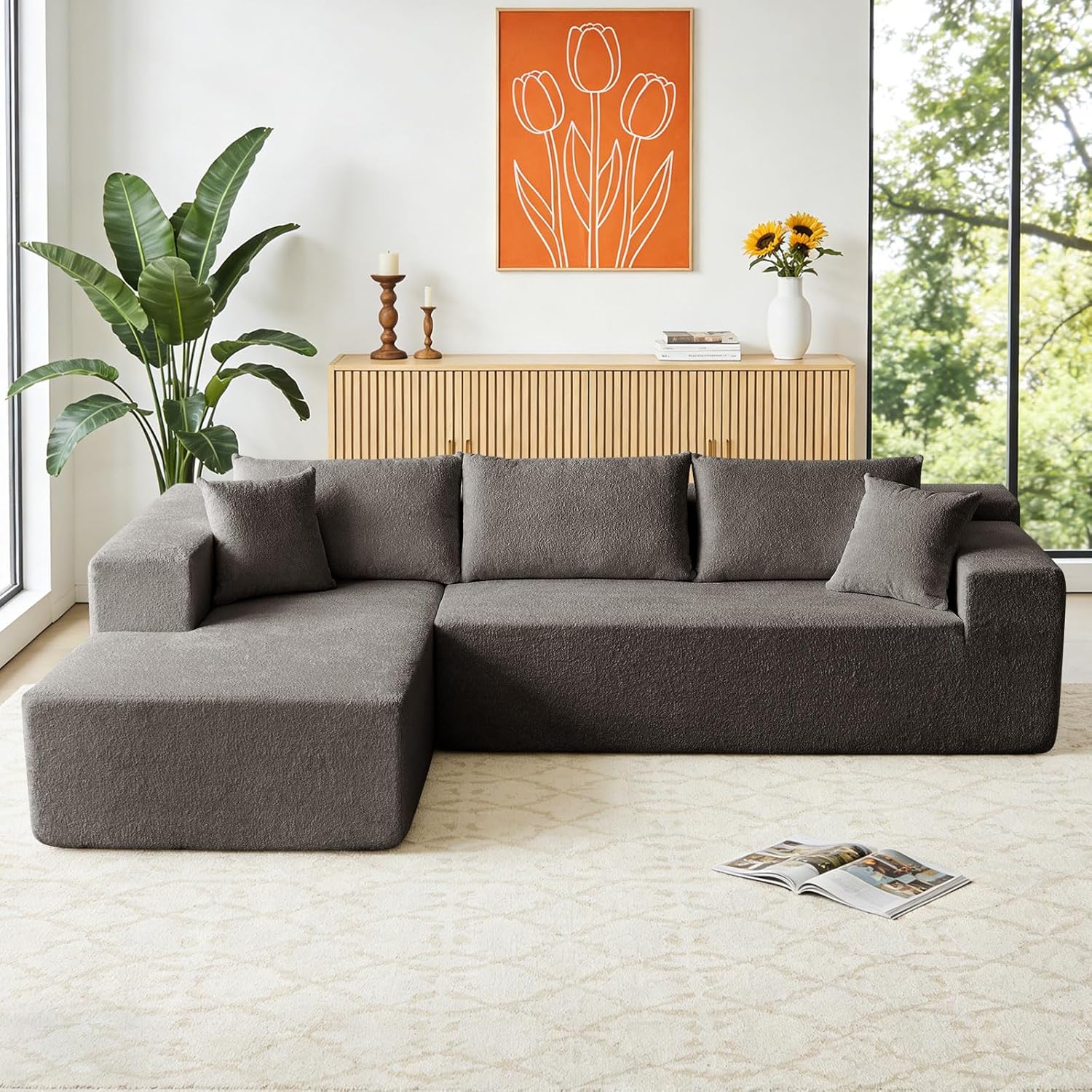 Extrasleep Luxury Sectional Couches for Living Room, L-Shaped Comfy Deep-Seat Cloud Sofa with Recliner, 105.5" No Assembly Lambswool Modern boneless couch, Soft and Comfy 5-Seater Modular Sofa (Beige)