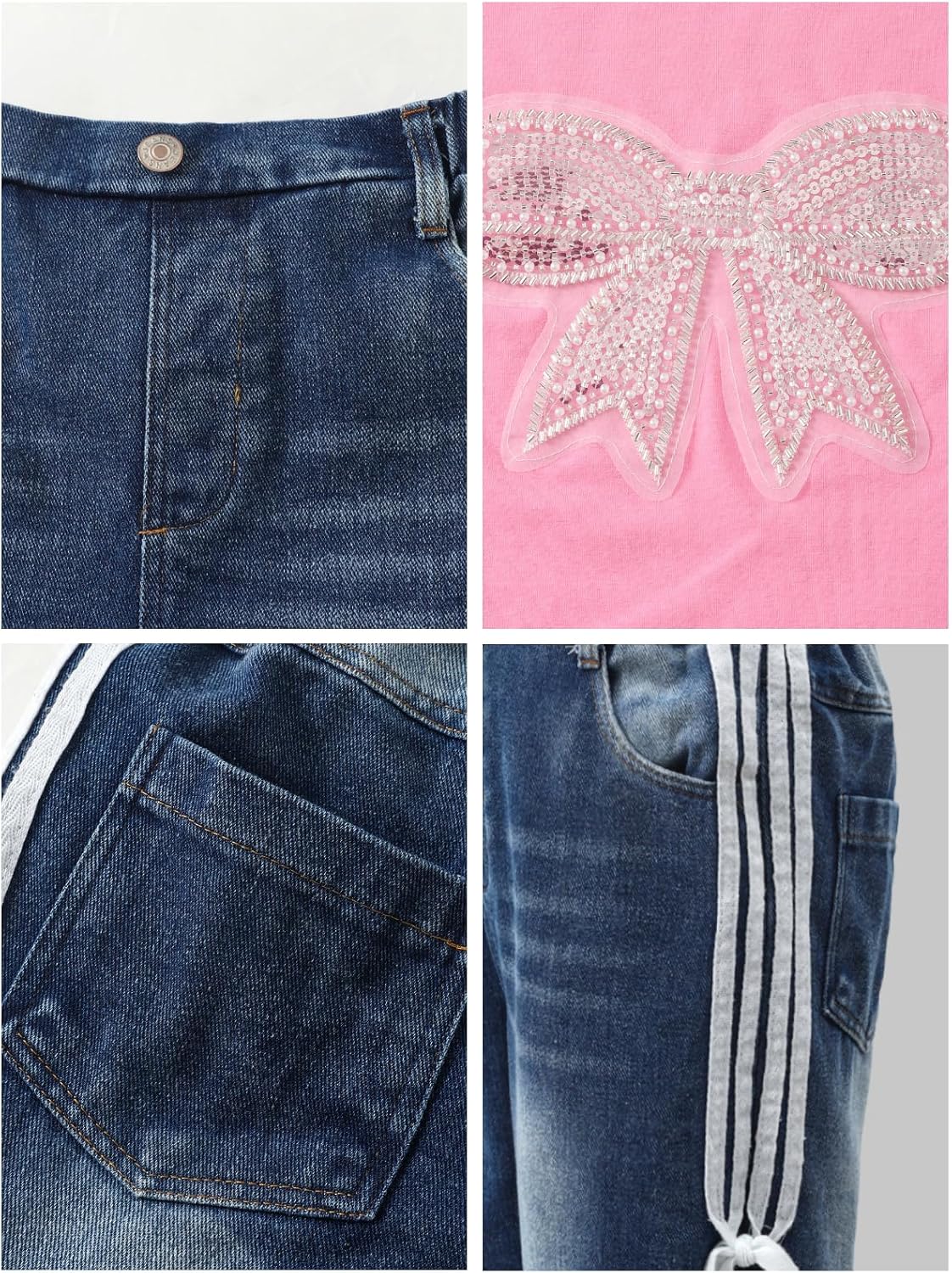 Size 7-14Y Teen Girls Clothes 2 Piece Outfit Cute Bow T-Shirt Top Striped Wide Leg Denim Shorts Summer Clothing Set