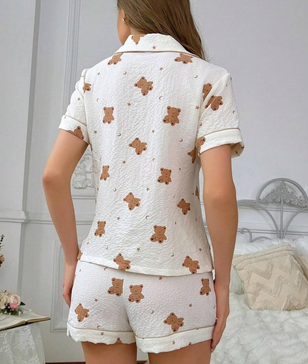 SWOMOG Women 2 Piece Pajamas Sets Short Sleeve Pj Sets Cute Printed Sleepwear Button Down Shirt with Lounge Shorts Set - Image 6