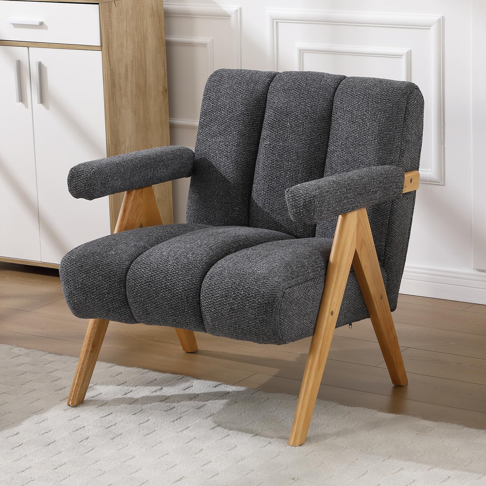 Chairus Fauteuil Salon Confortable Scandinave en Chenille Gris, Cadre Bois pour Salon & Bureau