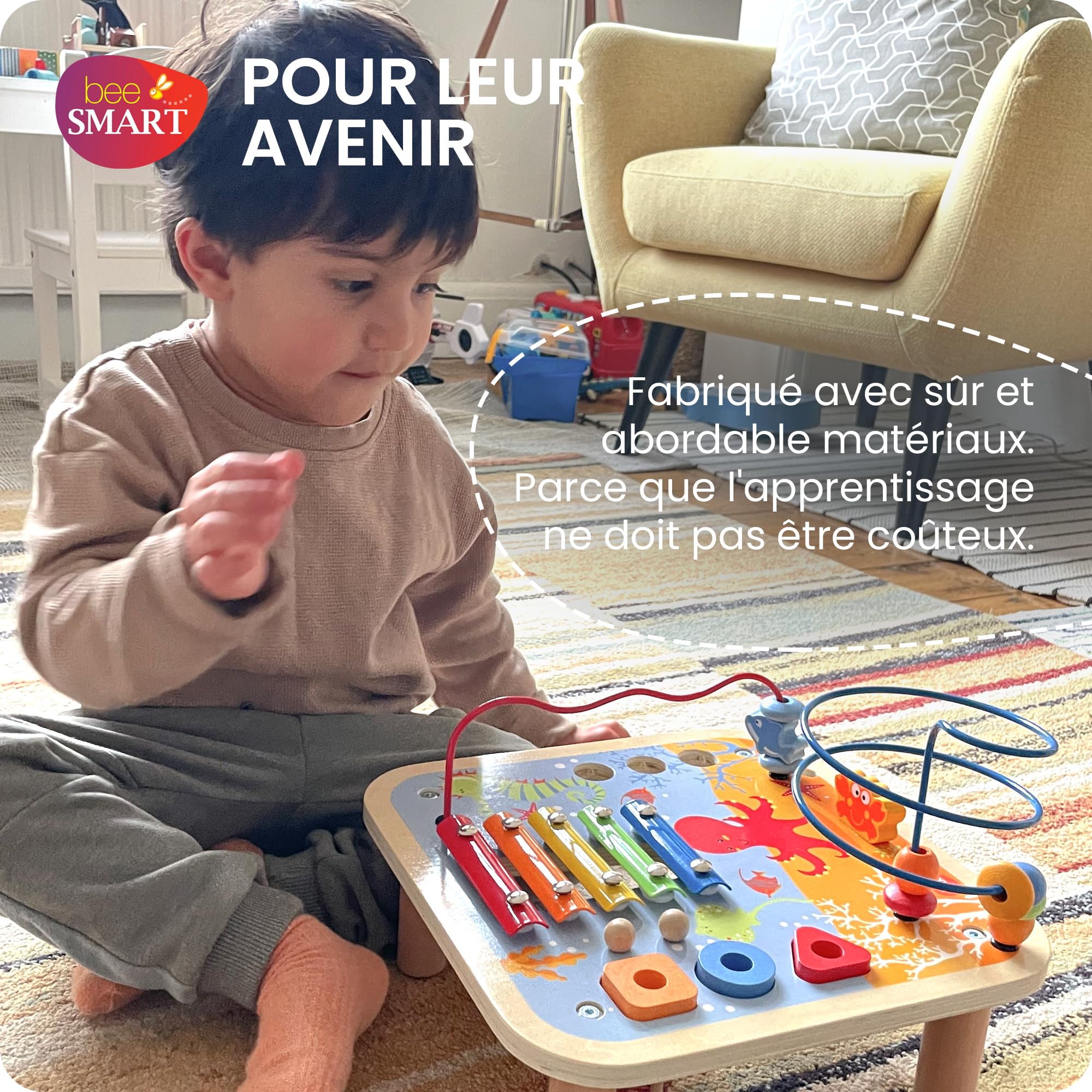 bee SMART Table d'activités 5 en 1 en Bois pour Enfants | Xylophone, Labyrinthe à Perles, Banc à marteaux, trieur de Formes | Jouets éducatifs Table activité bébé Bois Cadeaux pour garçons & Filles