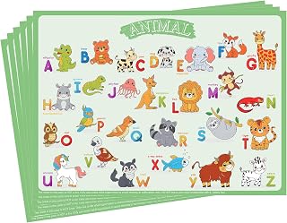 Disposable Placemats for Baby, Sticky Toddlers Kids Placemats for Dining Table, Restaurants, Preschool & Parties–Animal Alphabet Fun Designs 60 Pack, 12x16 Inches