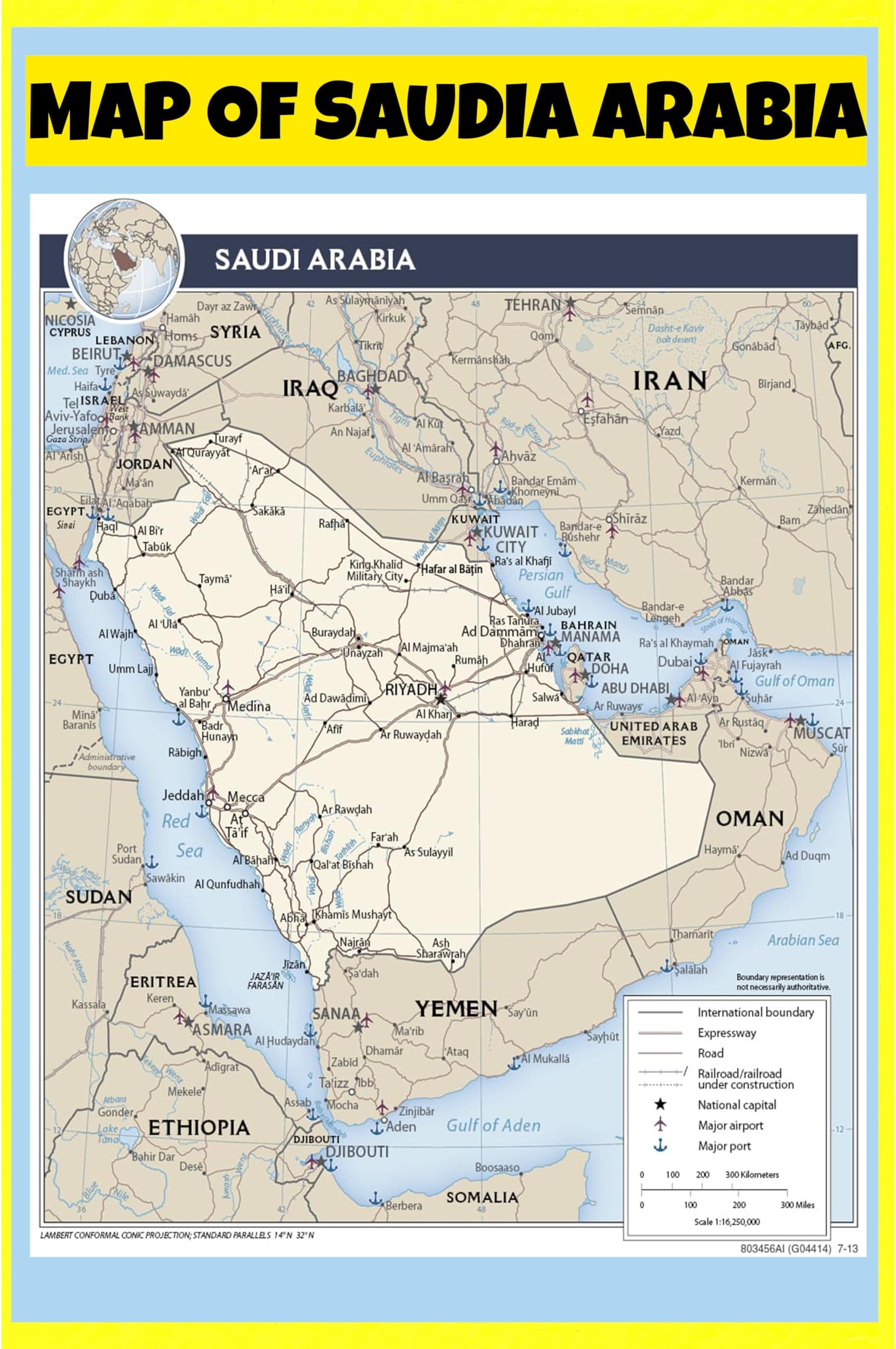 Map Of Saudia Arabia Version Style B - 36x60 - Wall Map Poster for Homes, Classrooms and Offices - Vivid Colors, Easy to Read, Clean Layout