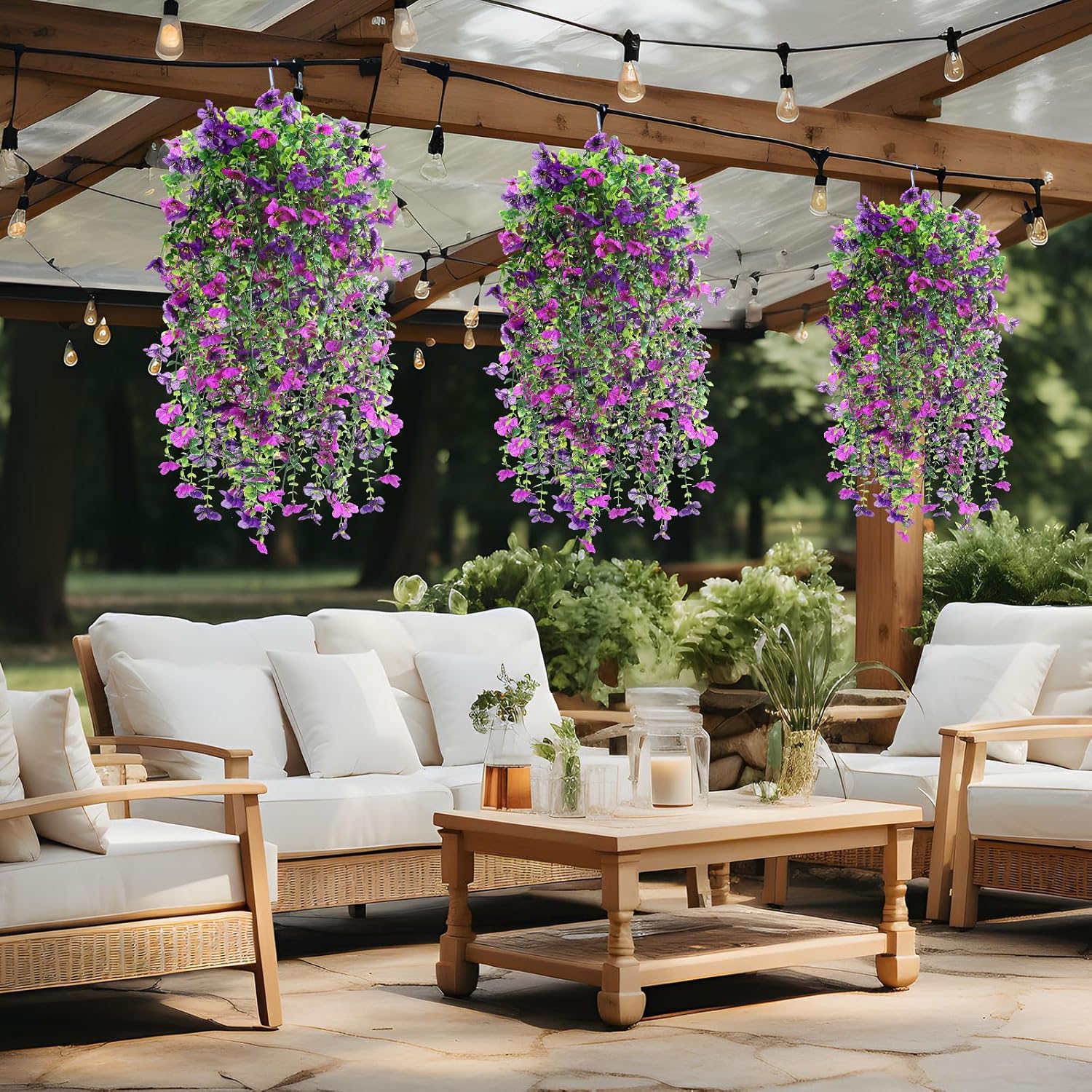 6 Pcs Spring Artificial Hanging Flowers Outdoor Faux Silk Mum Plant Decor Violet with Eucalyptus Realistic UV Resistant Trailing Vine Spring Porch Yard(Purple,Violet)