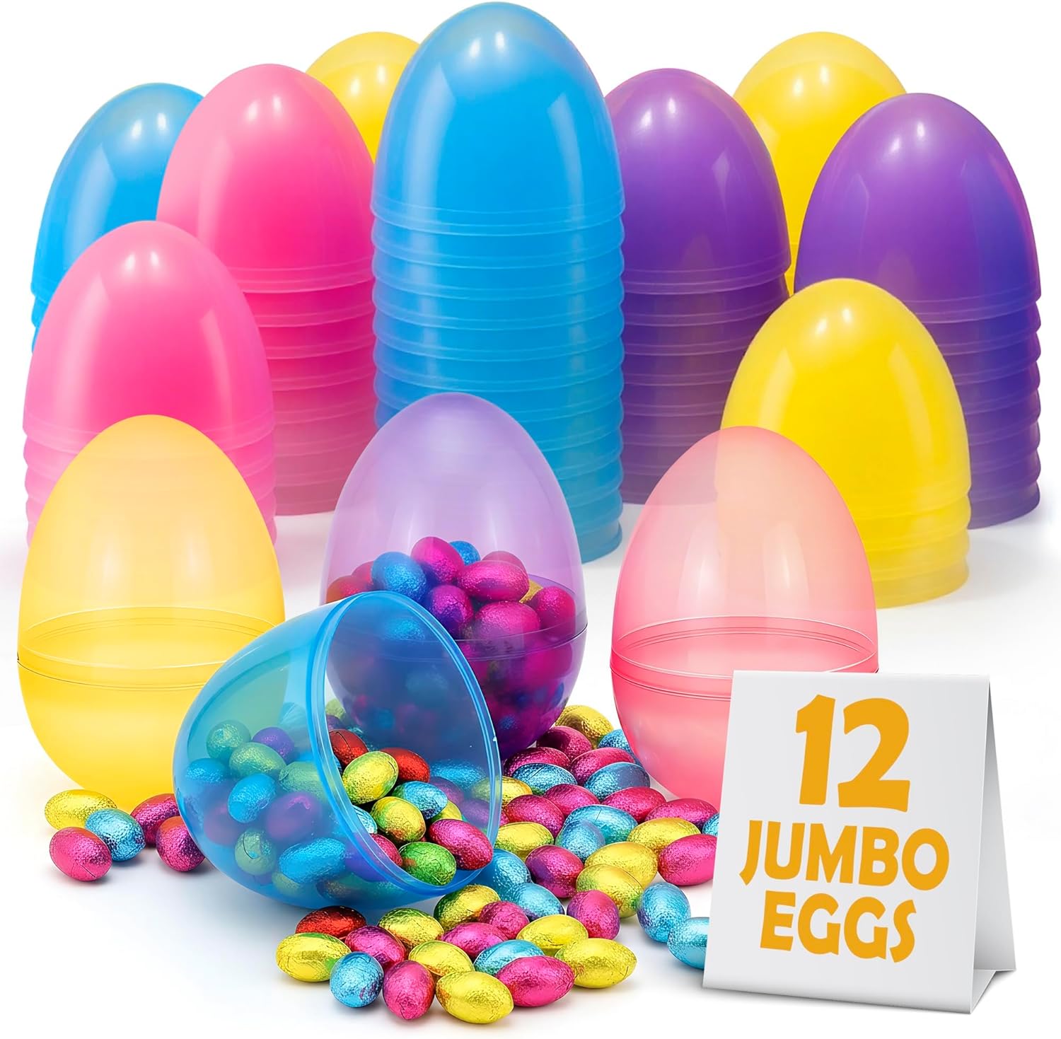 MAXYGIFT Large Plastic Easter Eggs 6” – 12 Pack – Empty Fillable Easter Eggs for Egg Hunt Supplies, Candy, Toys & Basket Stuffers Jumbo