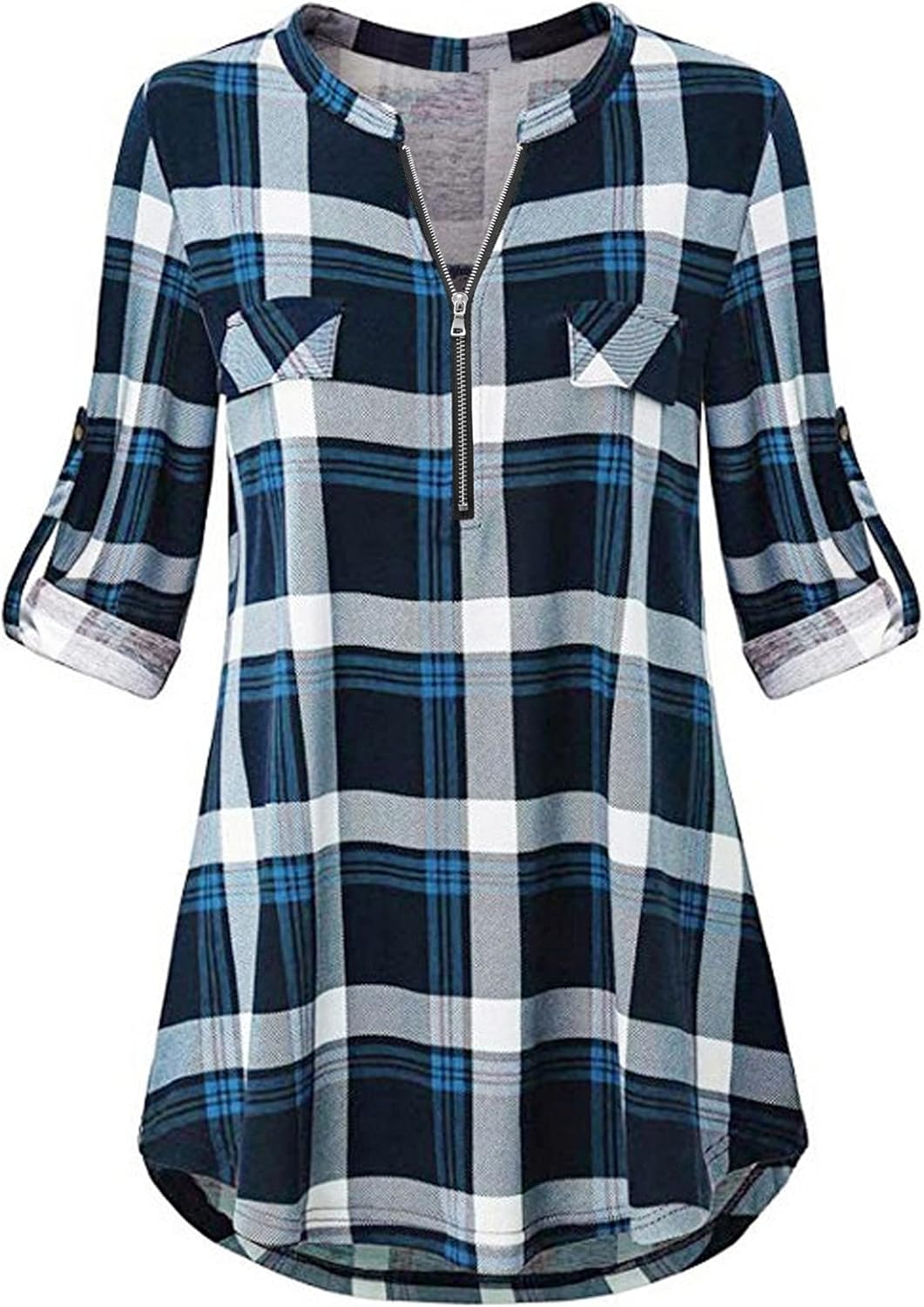 Odosalii Women’s Plaid Tunic Blouse with Zip Up V Neck and Floral Print, Long/Short Sleeve Polo Top