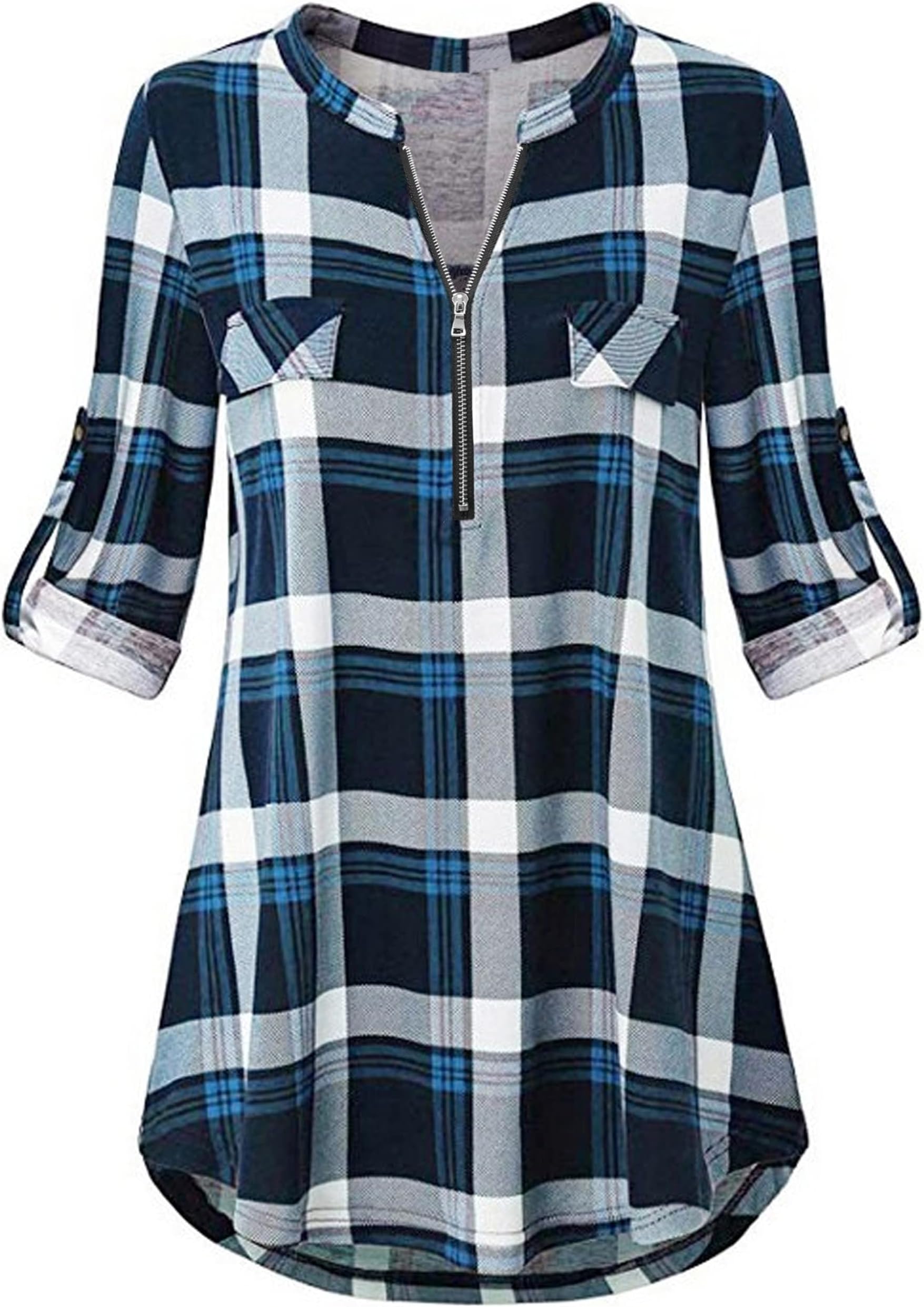 Women's Plaid Tunic Blouse with Zip Up V Neck and Floral Print, Long/Short Sleeve Polo Top