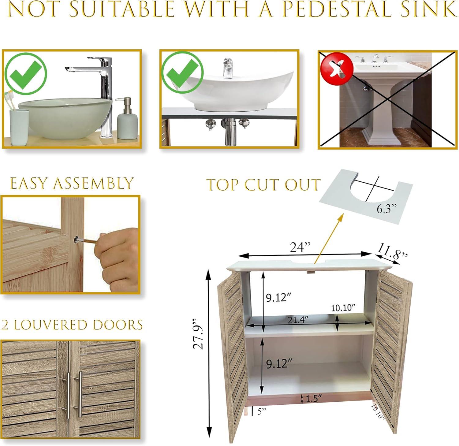 EVIDECO French Home Goods Under-Sink Cabinet with Double Vented Doors, Bathroom Vanity for Small Spaces, U-Shaped Cut-Out, White and Oak Finish - Stockholm Collection