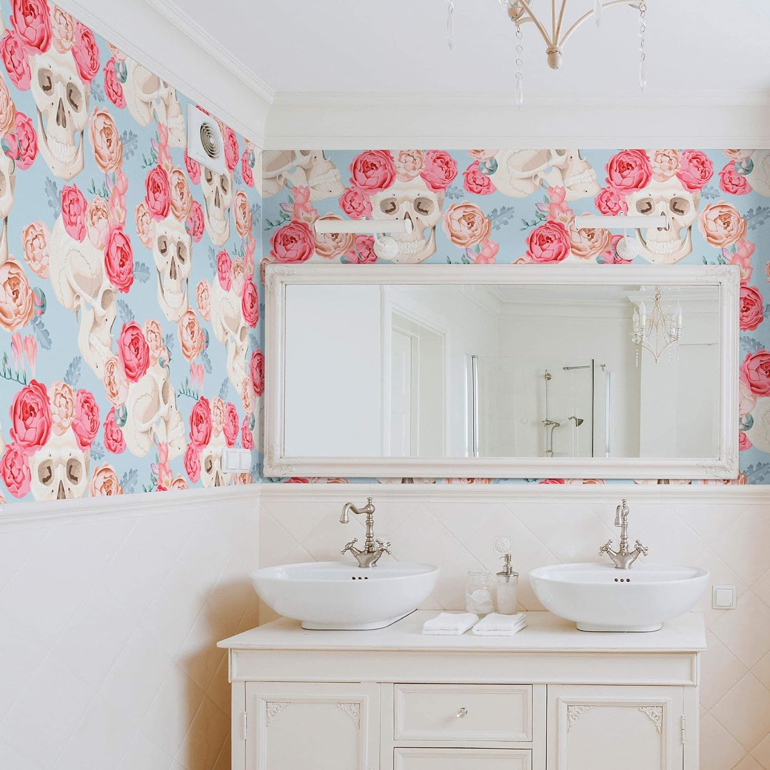Walls By Me Peel and Stick Blue and Red Skulls Themed Removable Wallpaper 7608-2ft x 10.5ft (61x320cm)