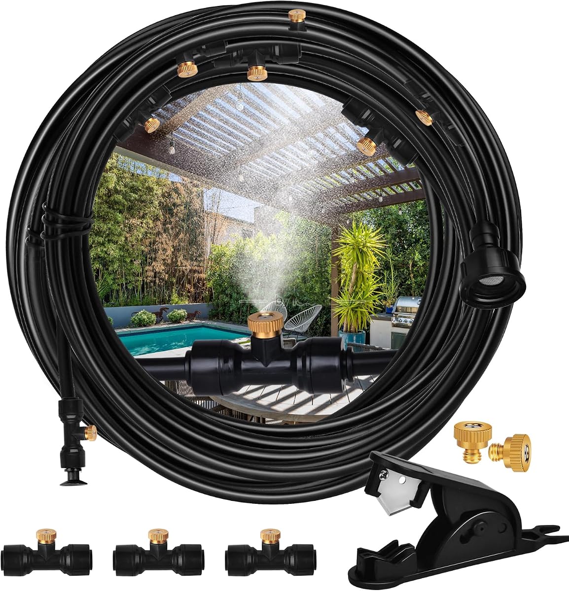 Misters System for Outside Patio,100 FT (30M) DIY Misting Cooling System+30 Brass Mist Nozzles+2 PE Adapters 3/4"+2 Tee Adapters+2 90 Degree Elbows,Garden Watering System for Greenhouse