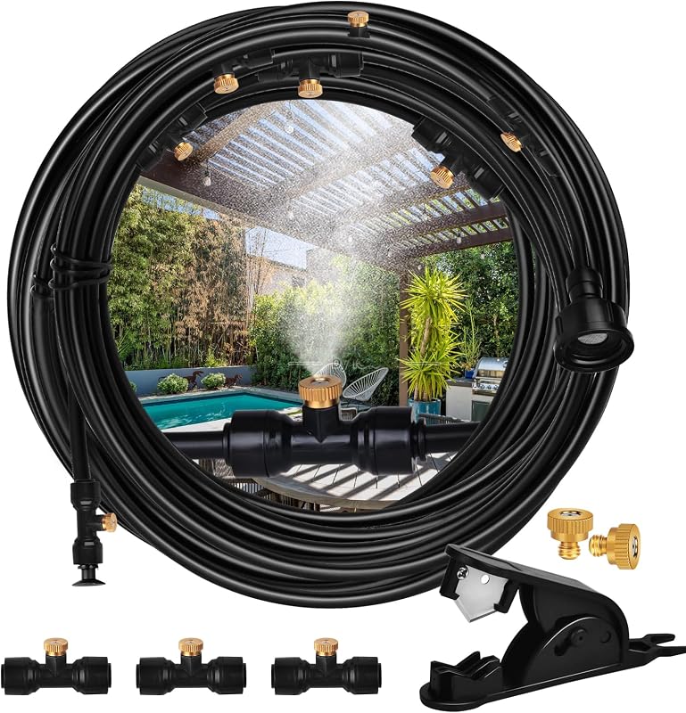 Misters System for Outside Patio,100 FT (30M) DIY Misting Cooling System+30 Brass Mist Nozzles+2 PE Adapters 3/4"+2 Tee Adapters+2 90 Degree Elbows,Garden Watering System for Greenhouse