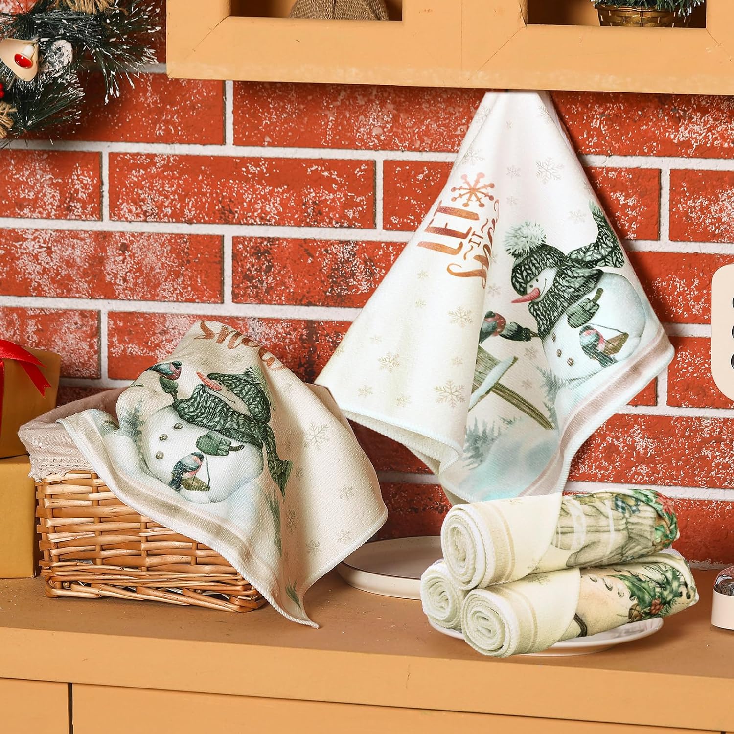 VitalCozy 12 Pcs Christmas Kitchen Towels Winter Tea Dishcloths Merry Christmas Tree Reindeer Truck Hand Dish Towels Let It Snow Decoration for Holiday Xmas Home Gift Supplies, 14.2 x 21.3 Inch