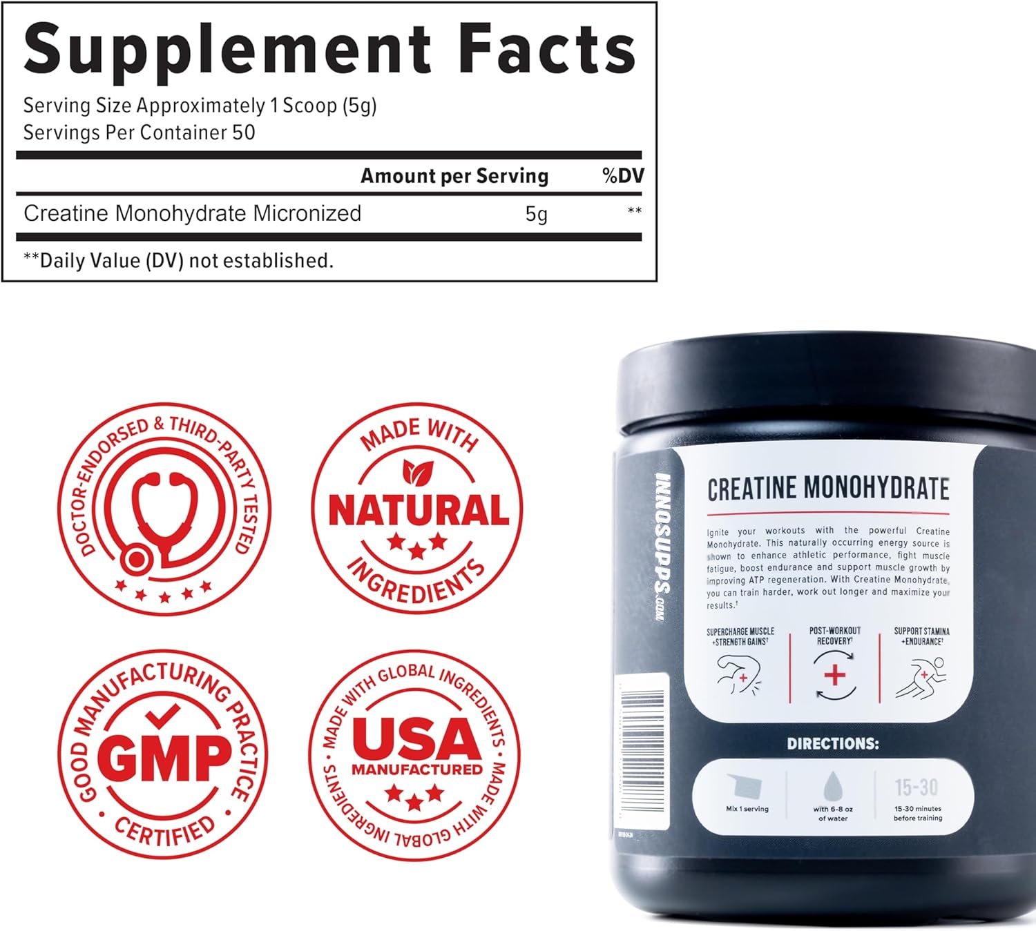 InnoSupps Creatine Monohydrate Powder - Pure Micronized Creatine Powder for Strength, Muscle Growth & Recovery - Doctor-Trusted, No Fillers, Unflavored (50 Servings)