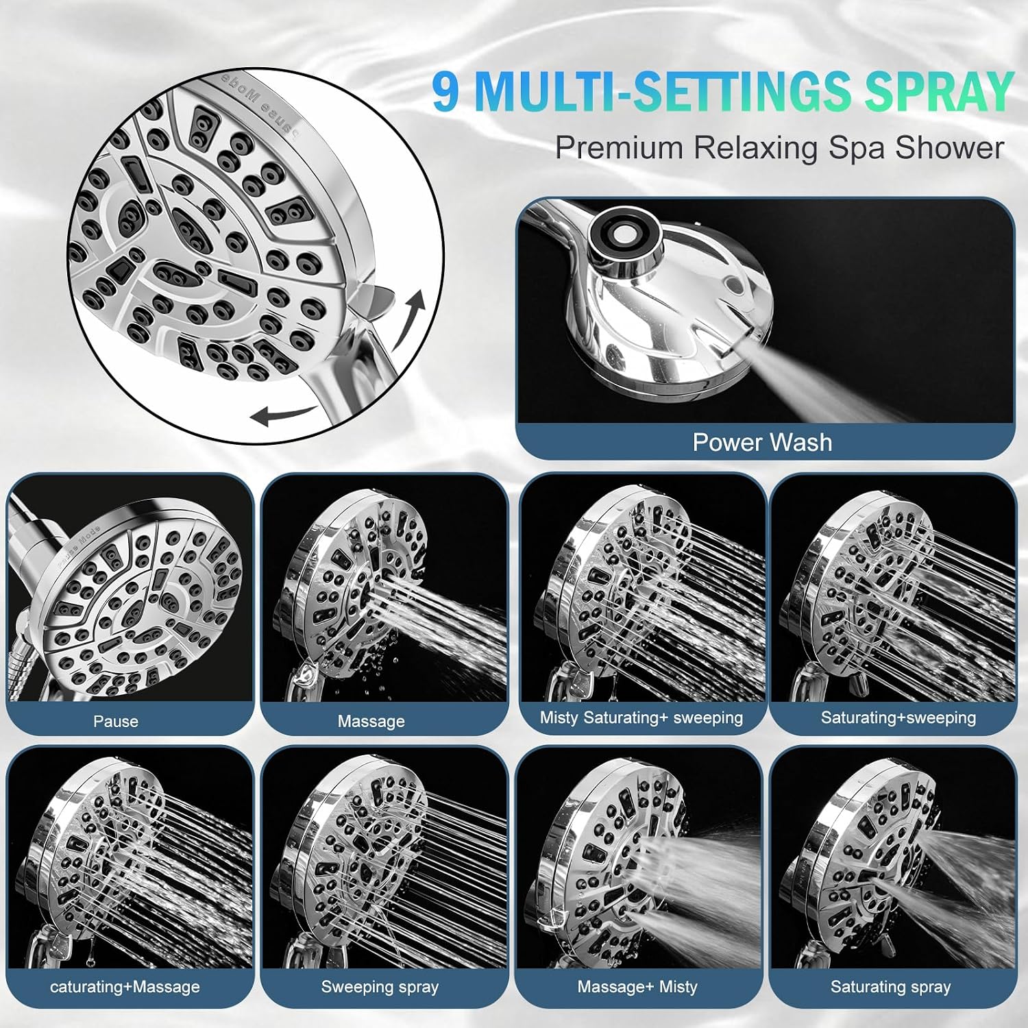 9 Settings High Pressure Magnetic Shower Head with Handheld | Power Wash for Tub&Tile, Magnetic Bracket, Pause Mode for Water Saving, Easy Clean Nozzles, 6ft Hose, Premium Chrome