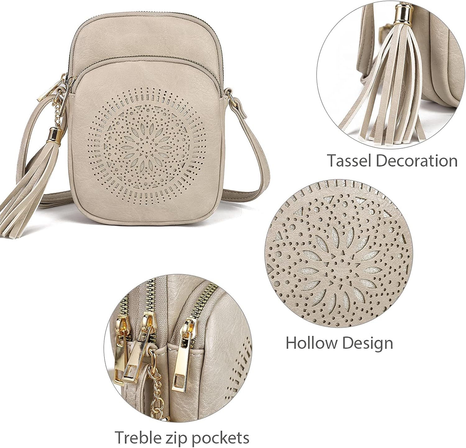 AFKOMST Small Crossbody Bag and Boho Cell Phone Purse for Women,Faux Leather Shoulder Handbag with Tassel,Triple Zip - Image 4